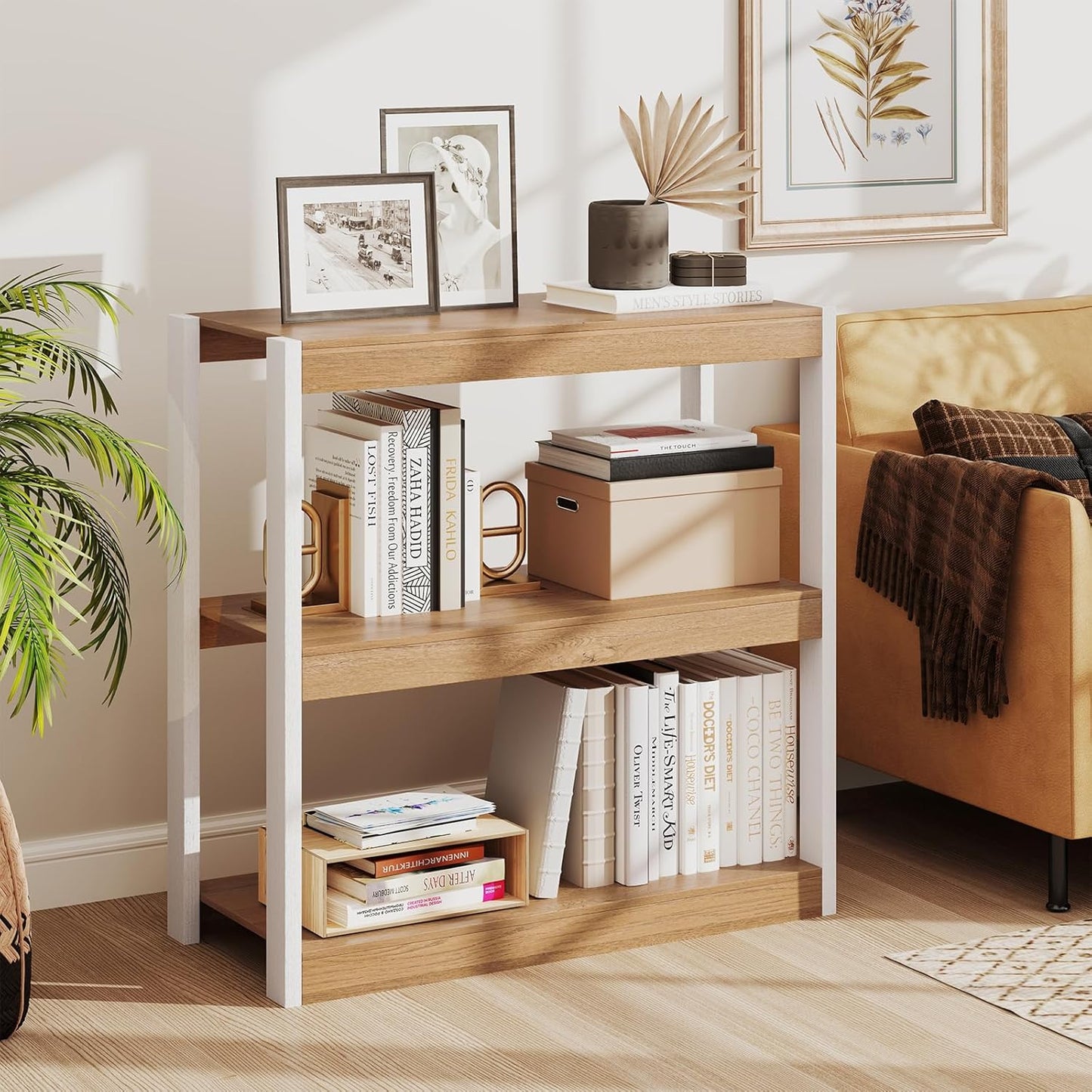 LOKO 3-Tier Open Bookshelf, Freestanding Wooden Bookcase with Storage Shelves, 2 Anti-toppling Devices, Modern Display Book Shelf Storage Rack for Living Room Bedroom Study (1,Natural & White)