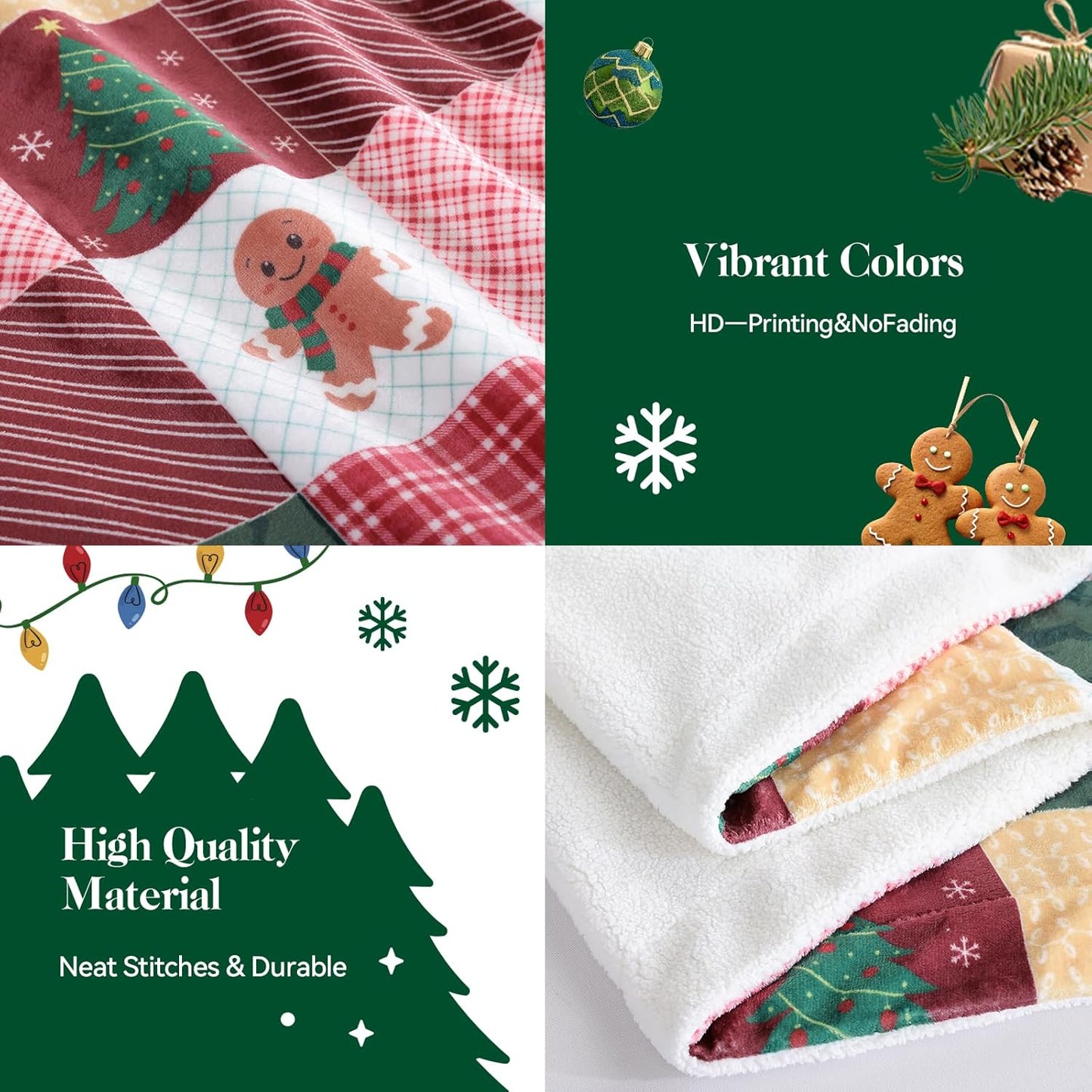 TRUEDAYS Christmas Throw Blanket 50x60 - Fluffy Sherpa Fleece Blanket for Couch & Bed, Cozy Soft Plaid Gingerbread Xmas Tree Blanket - Classic Checkered Snowflake Christmas Decor