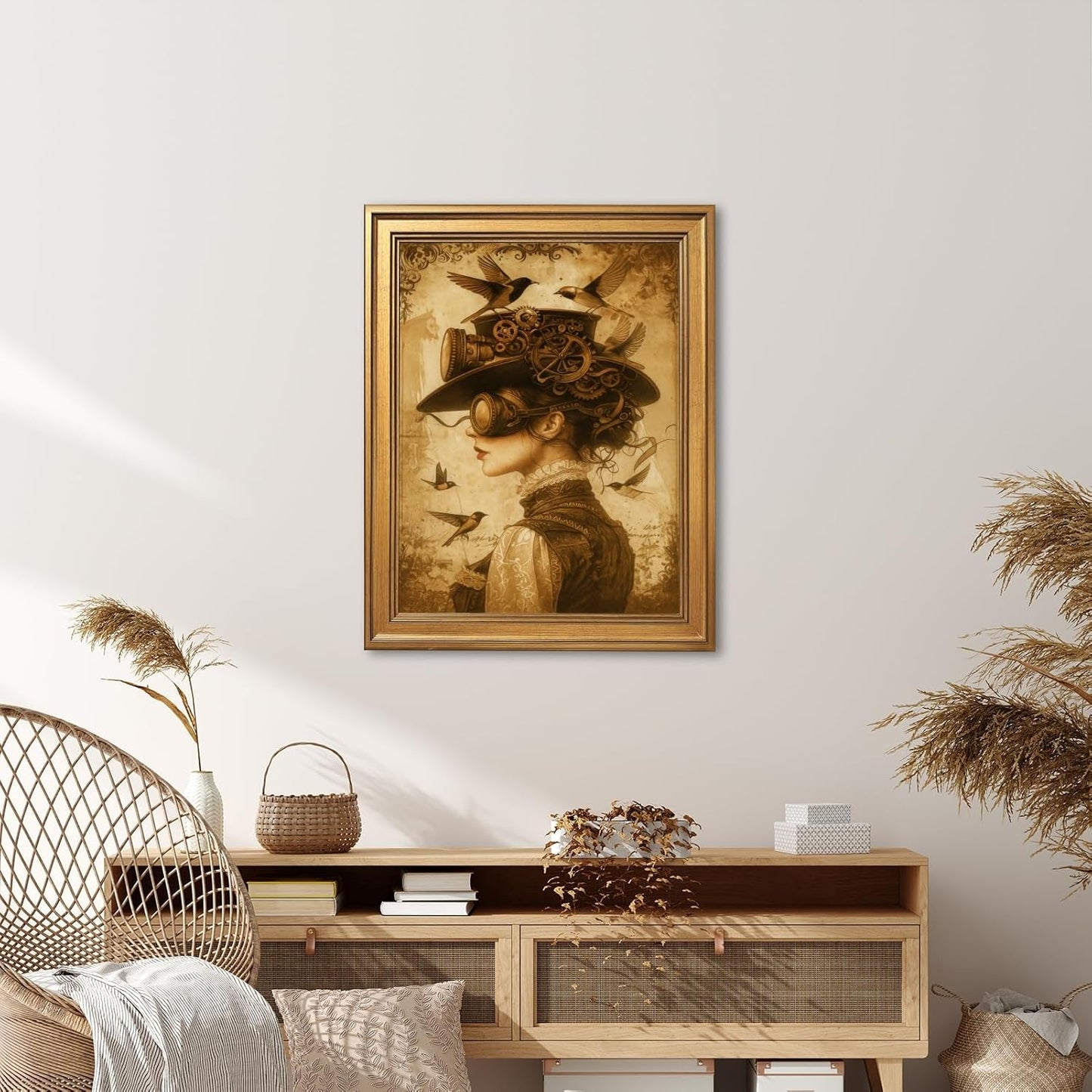 Licpach Gold Framed Dark Academia Wall Art Vintage Abstract Woman Hummingbird Poster Gothic Victorian Female Portrait Canvas Print Moody Mid-Century Aesthetic Artwork for Bedroom Dorm Decor 12x16inch