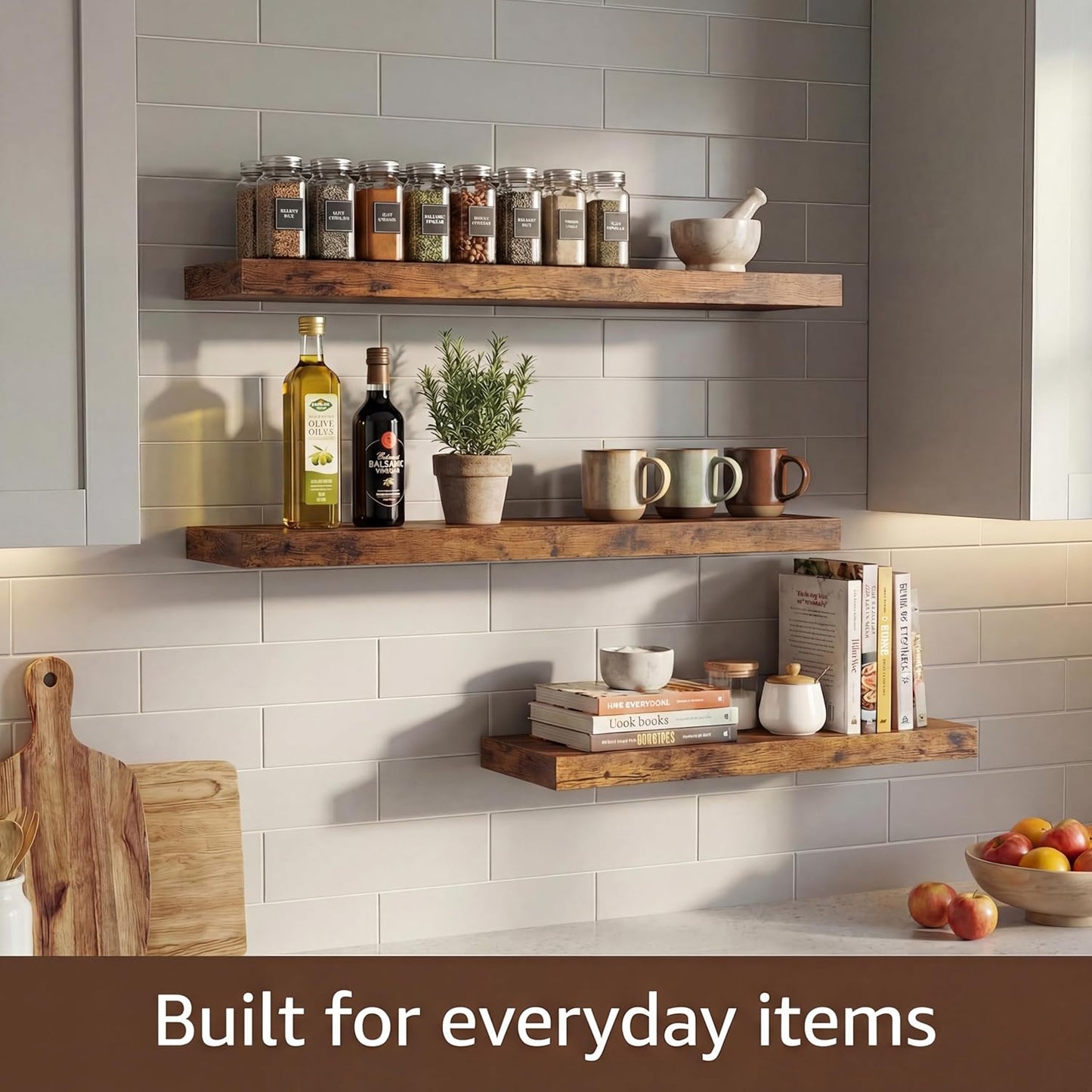 16 Inch Oak Floating Shelves Set of 3, Brown Wall Mounted Shelves with Hidden Brackets, Thin Floating Shelves for Wall Decor, Kitchen Bathroom Bedroom Office