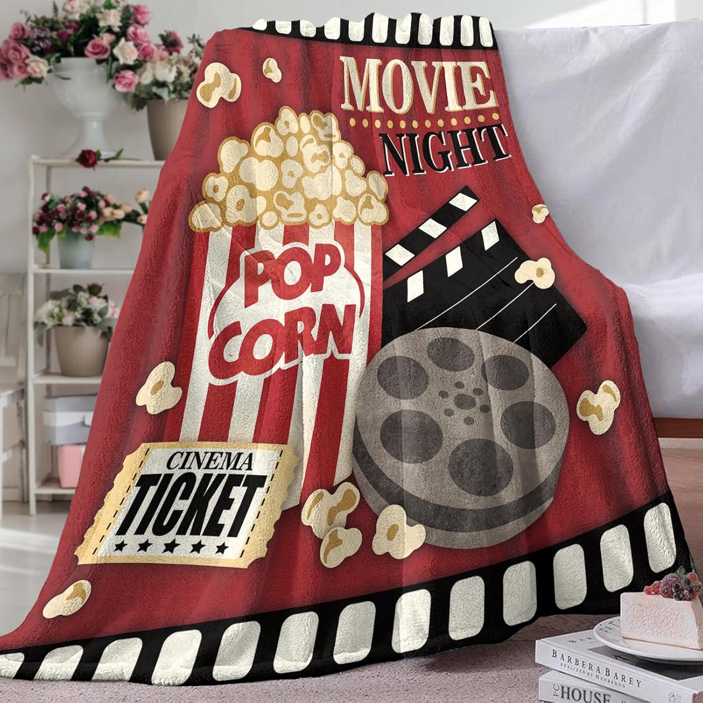 Movie Night Flannel Throw Blanket, Popcorn Cinema Ticket Gifts for Adult Kids Women Men Movie Lover, Birthday Ideas for Home Film Theater Decor Supplies 50" x 60"