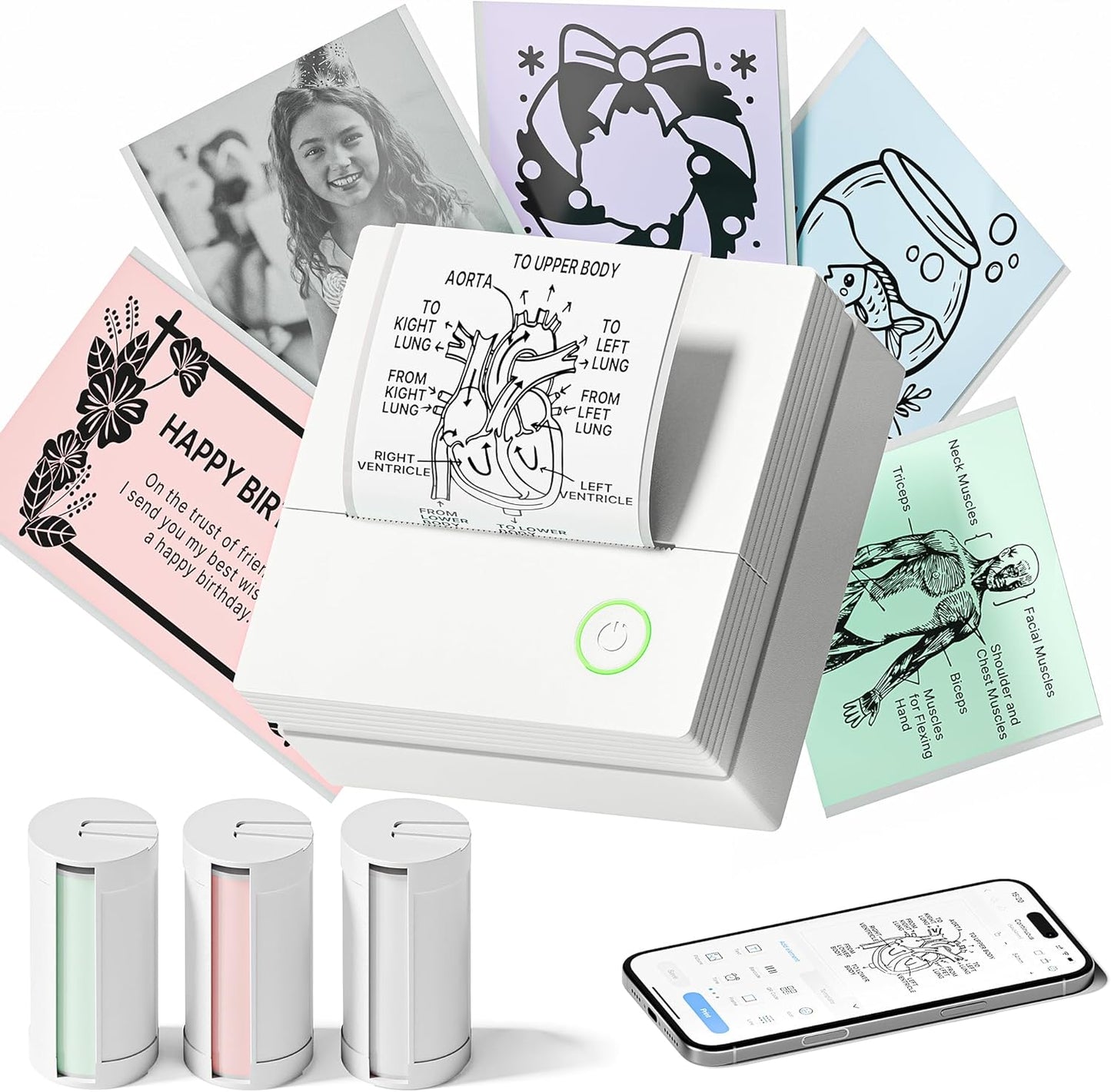 Sticker Printer, PM290 Mini Printer, Bluetooth Sticker Maker Machine with 3 Rolls Paper, Smart AI APP, Portable Print Pod for Study Note, List, Picture, DIY Gifts for School Office Home, White