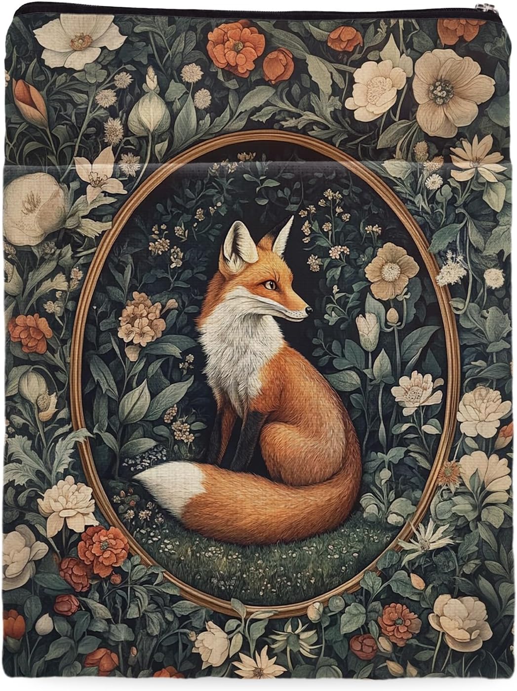 Vintage Flower Fox William Morris Book Sleeve for Book Lovers, Bookish Book Protector with Zipper, Washable Fabric Book Cover for Paperbacks & Hardcovers,11.4 x 9.1Inches (White Flower-Fox, Medium)