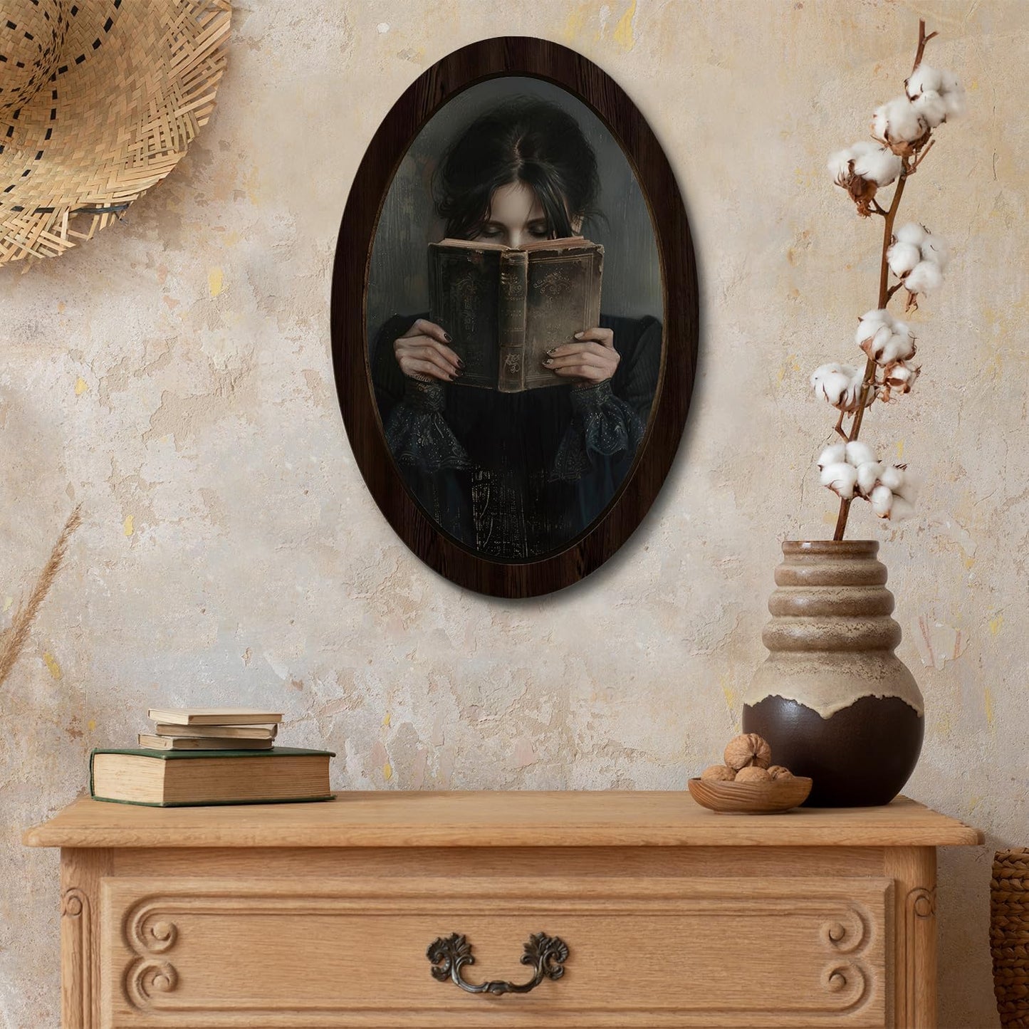 KDHTY Vintage Dark Academia Canvas Oval Wall Art Gothic Victorian Woman Reading Book Poster,Aesthetic Dark Moody Girl Painting Picture Wall Decor for Library Corner Bedroom Dorm Living Room,15.7x10.2