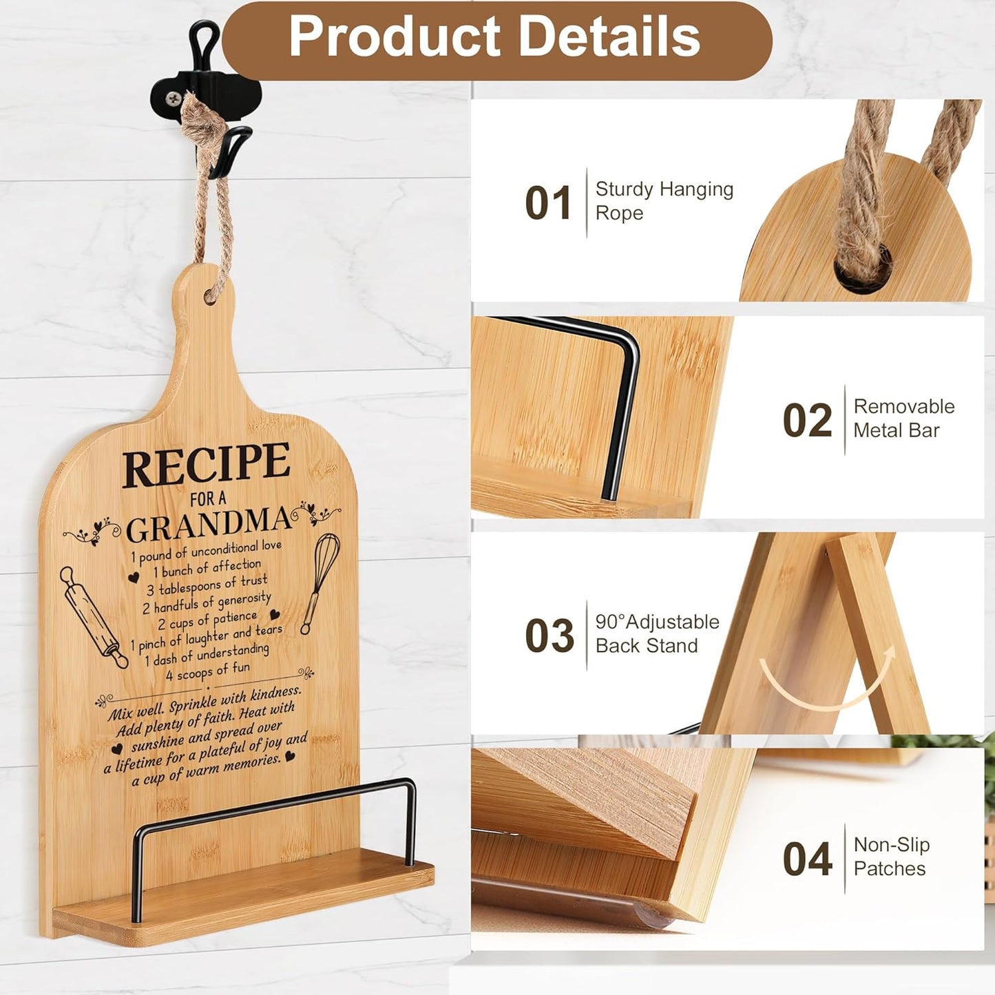 Christmas Gifts for Grandma Retirement Gifts Cookbook Stand Bamboo Recipe Book Holder Kitchen Gifts for Women Adjustable Non-Slip Cook Book Stand for Kitchen Counter