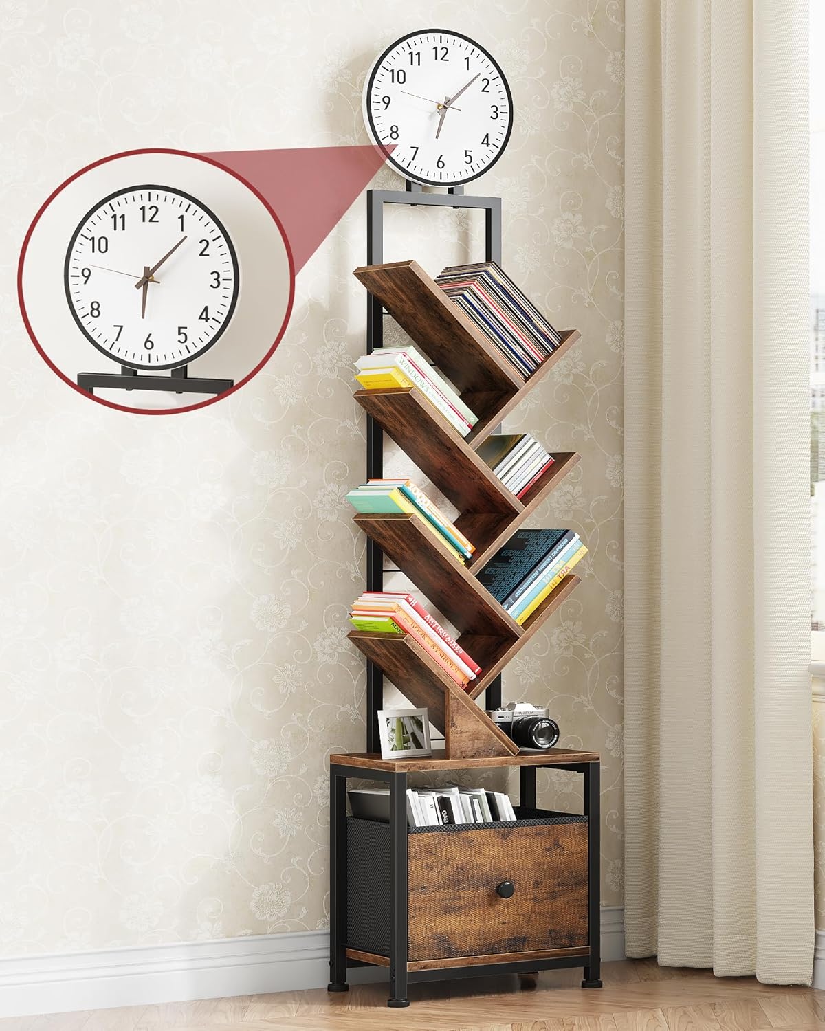 6 Tier Tree Bookshelf with Clock and Fabric Drawer, Small Narrow Bookcase, Tall Floor Standing Book Shelf for Bedroom, Living Room, Home Office, Rustic Brown