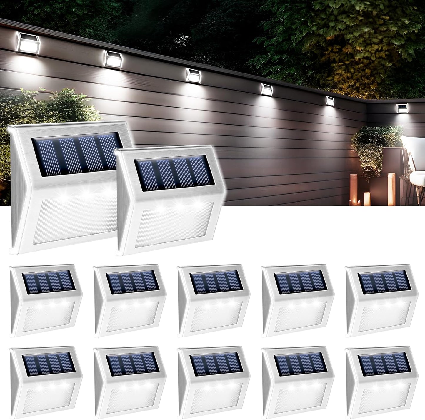 GIGALUMI 12 Pack Solar Fence Lights Outdoor, Waterproof LED Step Lighting Stainless Steel Solar Powered Lights for Step, Stairs, Pathway, Garden (Cold White)
