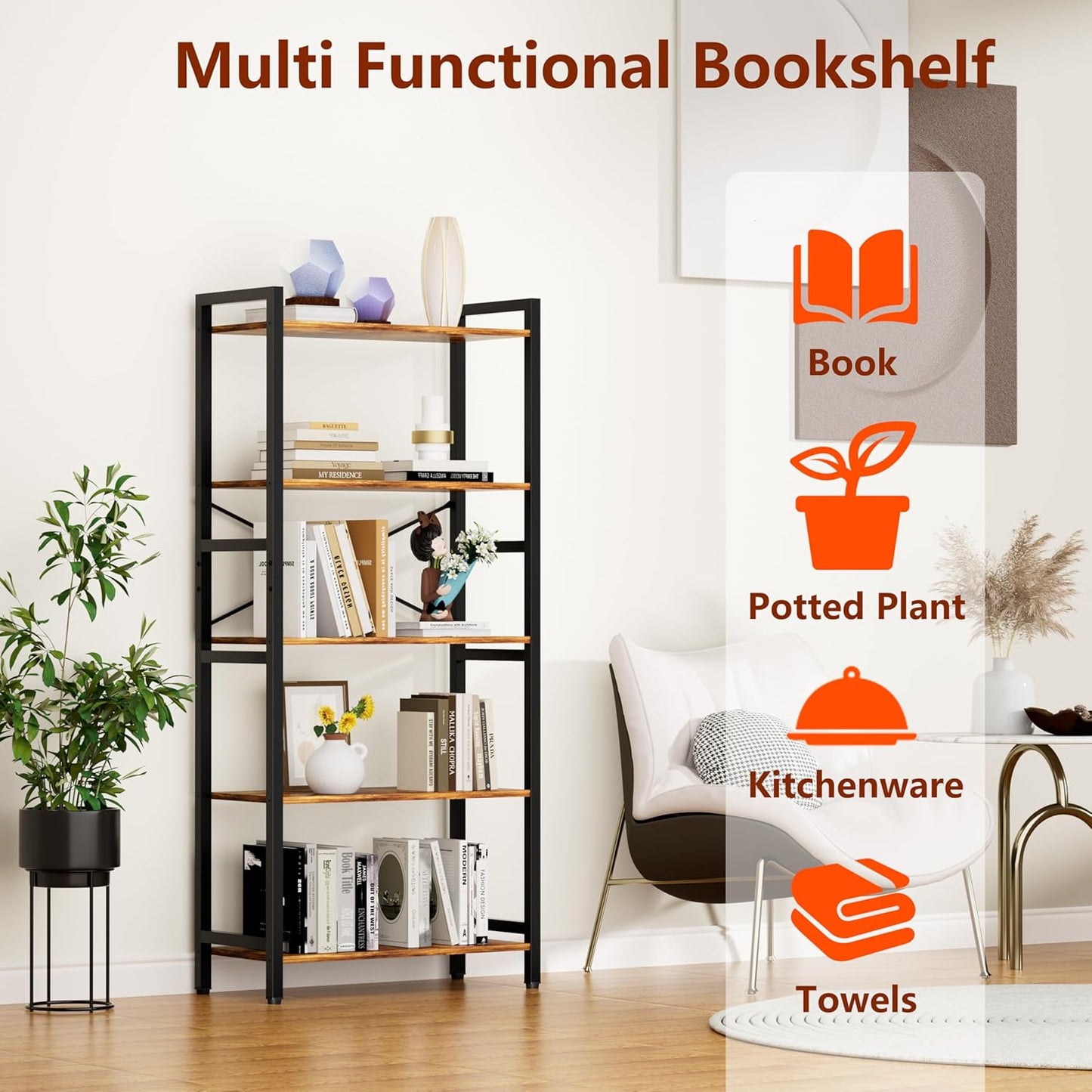 5 Tier Bookshelf,Storage Shelf with Steel Frame,Free Standing Open Book Shelves Storage Display Shelf