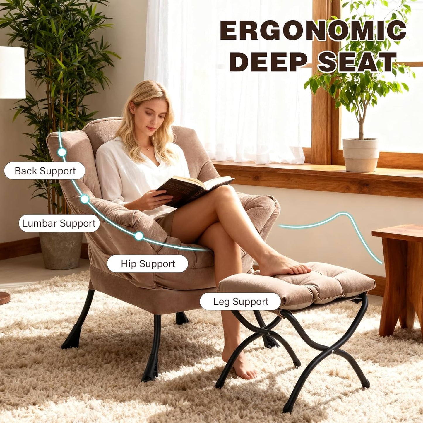 Lazy Chair with Ottoman, Modern Accent Chair Contemporary Sofa Chair with Armrests, Reading Chair and Folding Footstool Set for Living Room, Bedroom, Office, Khaki
