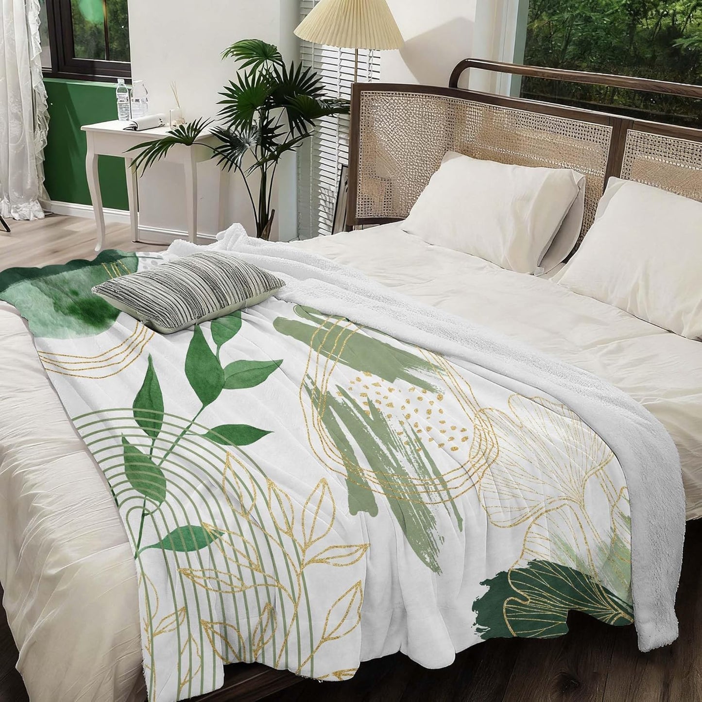 Sage Green Leaf Twin Blanket Mid-Century Green and Gold Boho Flannel Blankets for Bed Living Room Sofa, Decorative Patterned Super Soft Cozy, 60x80 in
