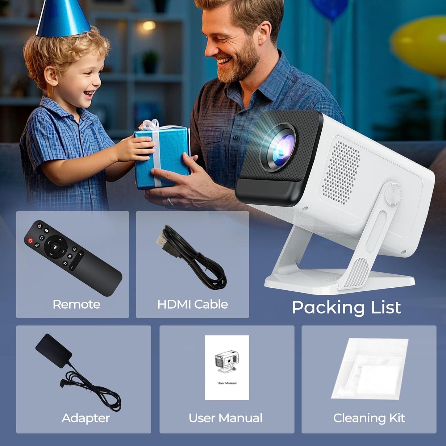 Mini Portable Projector for Bedroom with WiFi and Bi-directional Bluetooth 1080P 4K Support Smart Android 14 OS Auto Keystone Compatible with Netflix, YouTube, Prime Video, Disney+