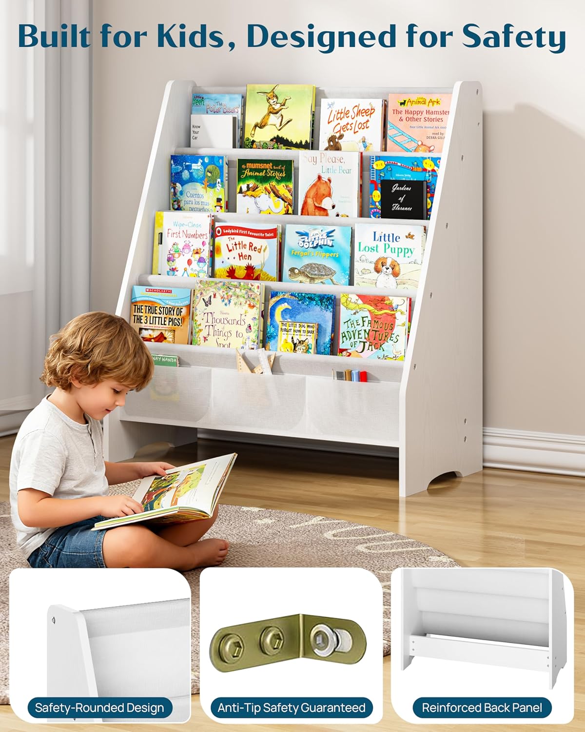 SEIRIONE Sturdy Kids Bookshelf,4-Tier Book Shelf for Kids Room with Tear-Proof Oxford Fabric-Nursery Room Playroom Classroom,Deep Slings to Keep Books Upright,Ideal Height for Toddler Age 3+, White