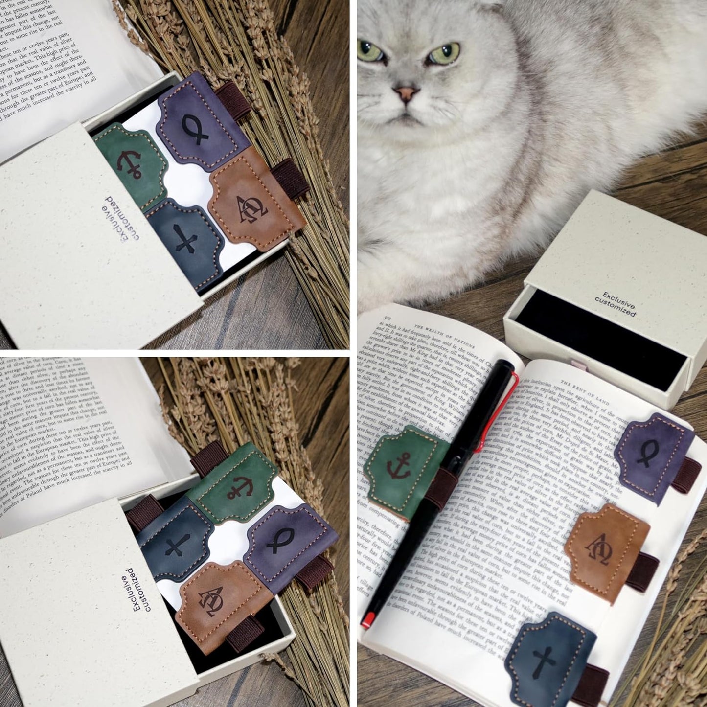 4 Pcs Personalized Magnetic Leather Bookmark Pen Holder Book Lovers Christian Gifts Bygone Mark for Reading, Purple-Jesus Fish + Brown-AΩ + Blue-Cross + Green-Anchor
