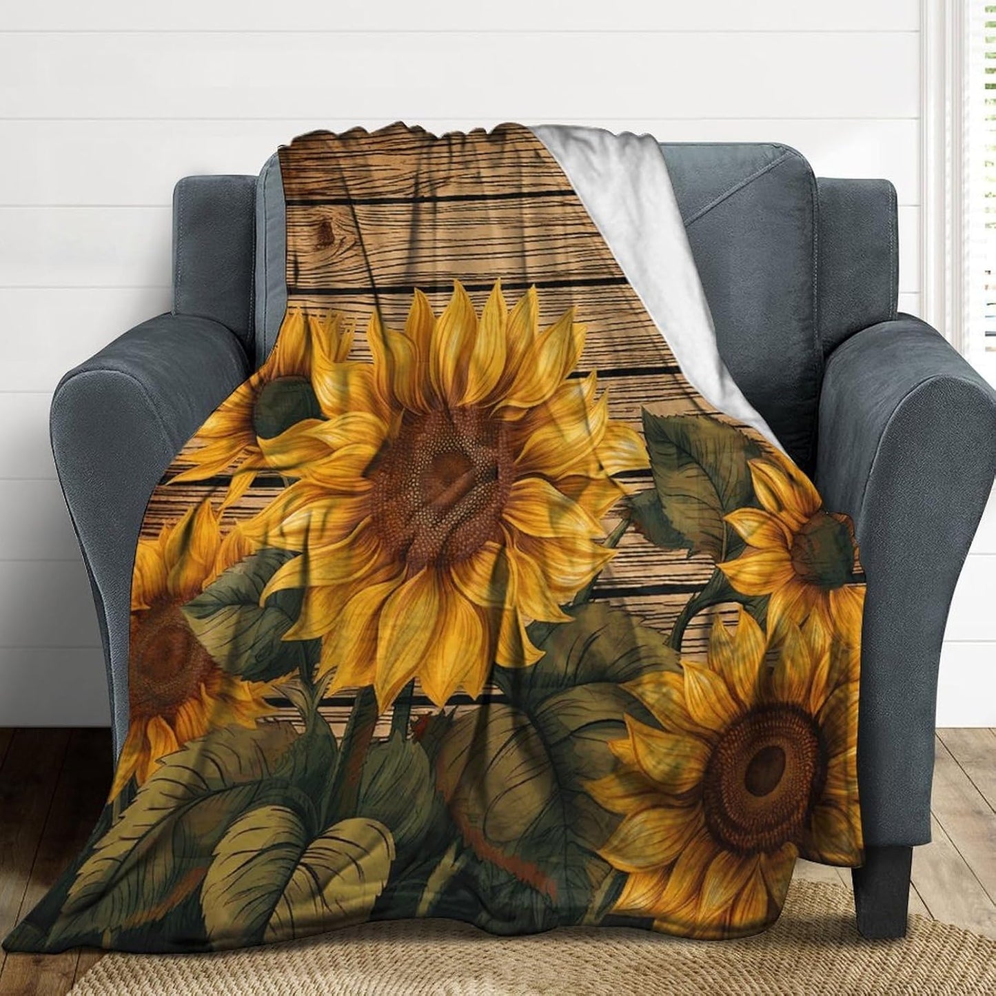 Paint Wooden Board Sunflower Throw Blanket for Couch Super Soft Warm Lightweight Throw Blankets Cozy Flannel Bed Blanket Cute Decorative Blankets for All Seasons Home Decor Gift 40"*50" （100 * 130cm）