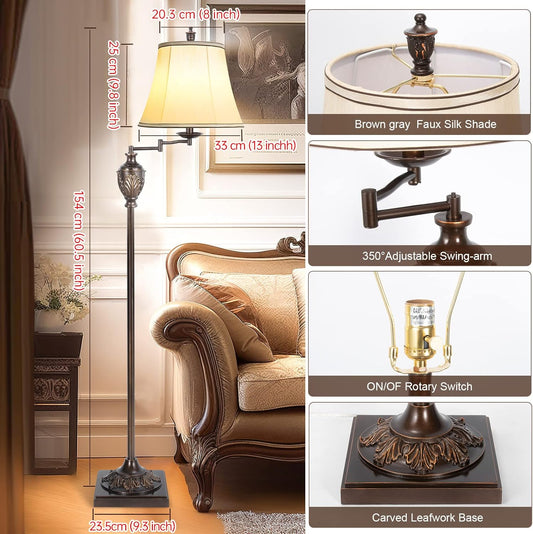 Traditional LED Floor Lamp with 350° Adjustable Swing Arm Lamp – Vintage Standing Pole lamp for Living Room, Bedroom and Office – Rustic Upright Floor Light for Home Décor with Faux Silk Fabric Shade