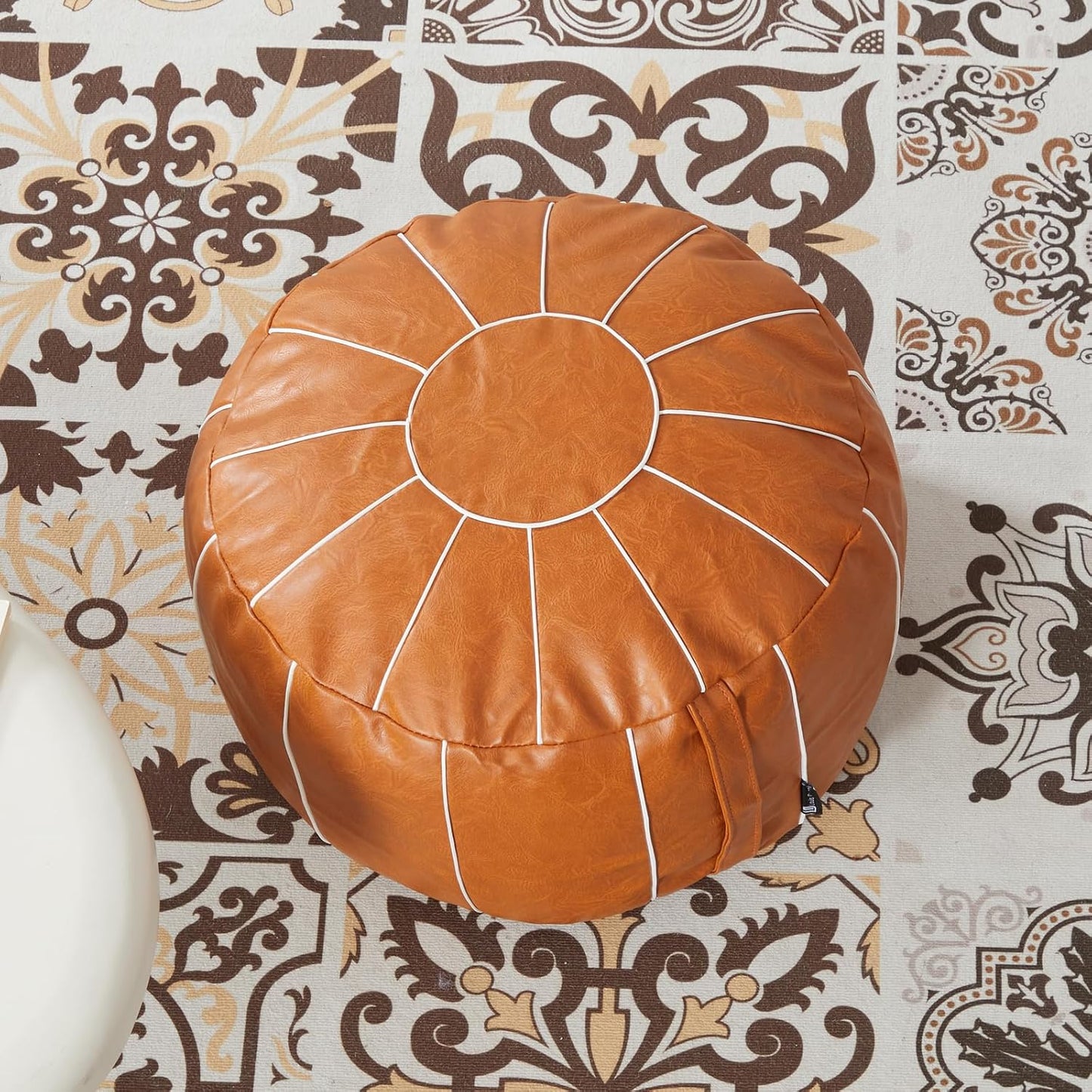 Louis Donné Pouf Ottoman Cover, Handmade Faux PU Leather Moroccan Style, Unstuffed Pouffe Ottomans,20.8" Round Foot Rest for Living Room,Floor Small Bean Bag Chair Gifts for Kids ONLY Cover(Orange)