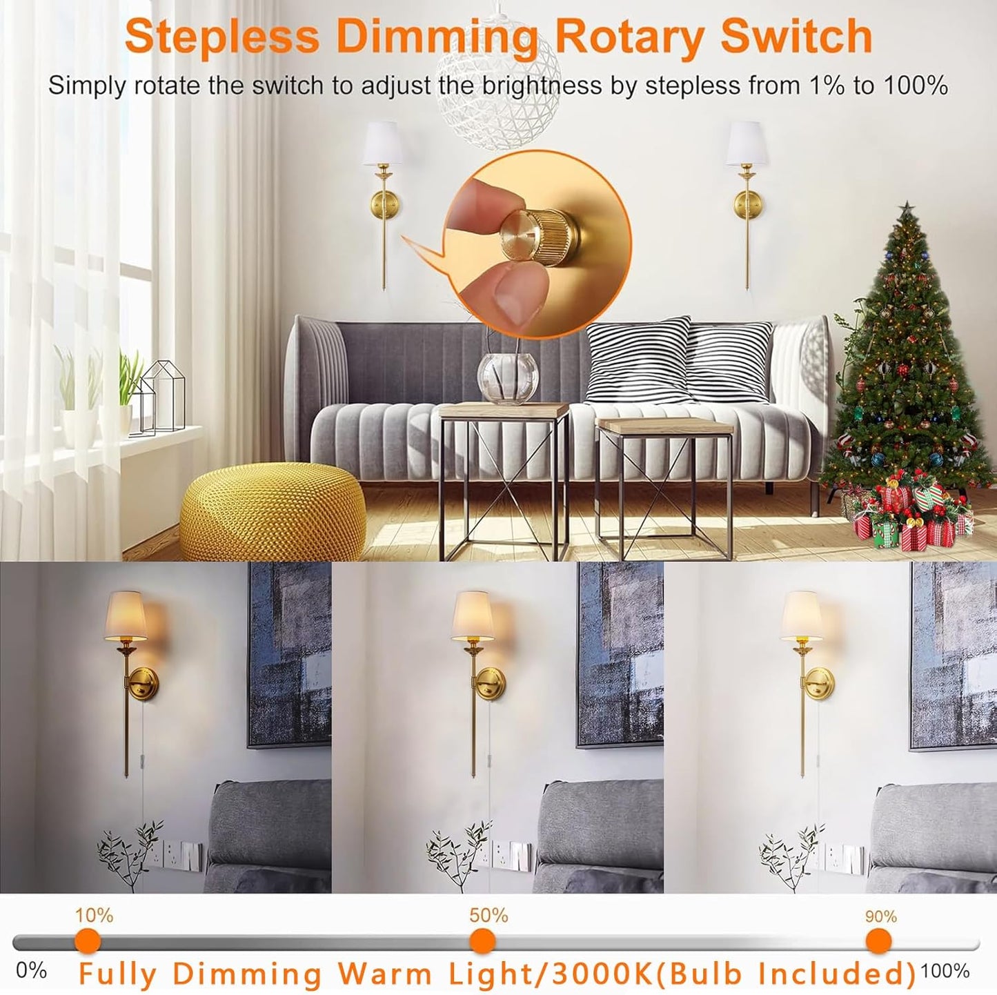 Dimmable Plug in Wall Sconces Set of 2, Gold Bedside Wall Lamp with Knob Dimmer Switch and 6.5FT Electric Cord, Mid Century Modern Bathroom Wall Light Fixture for Bedroom Living Room