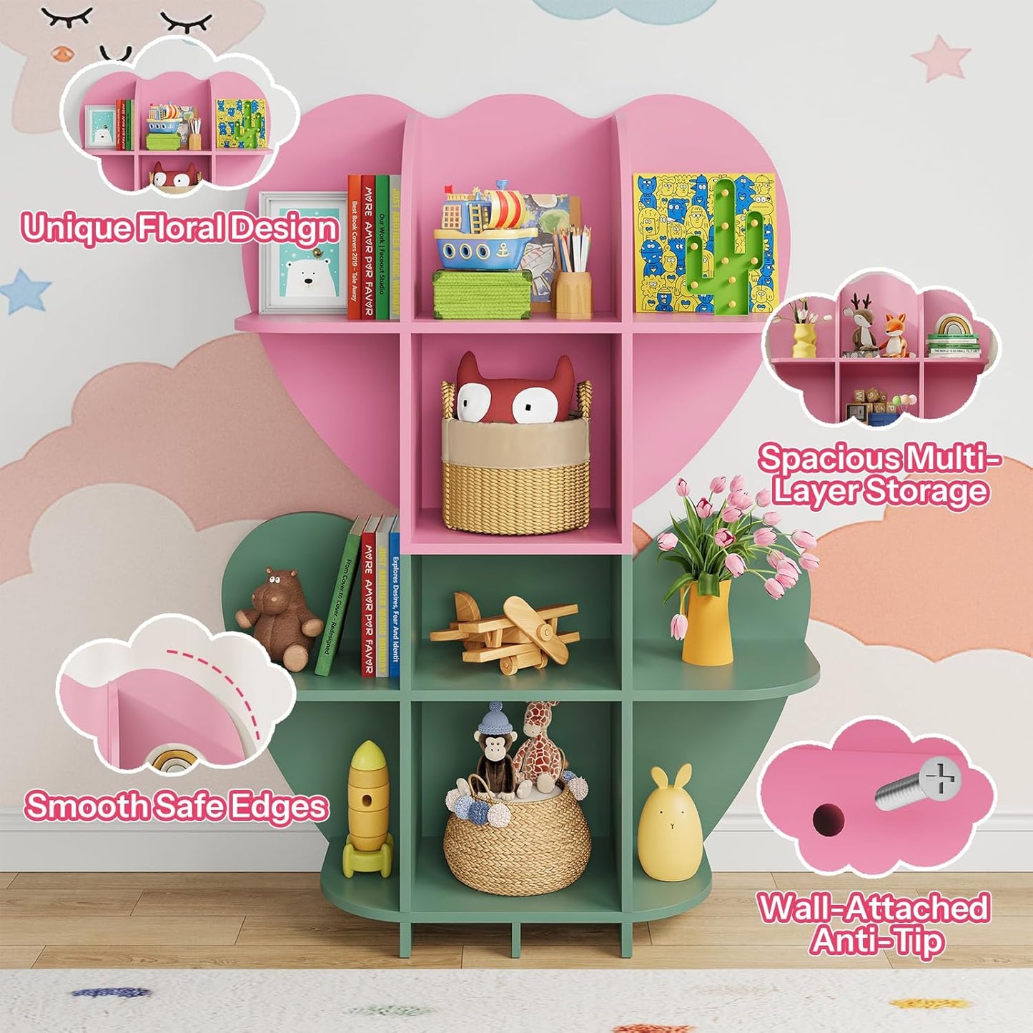 HOOBRO Toy Storage Organizer, Toy Organizers and Storage with 10 Cubbies,Kids Bookshelf and Toy Storage for Books &Toys, Toy Chest Shelf for Playroom, Pink and Green KJ93CW01