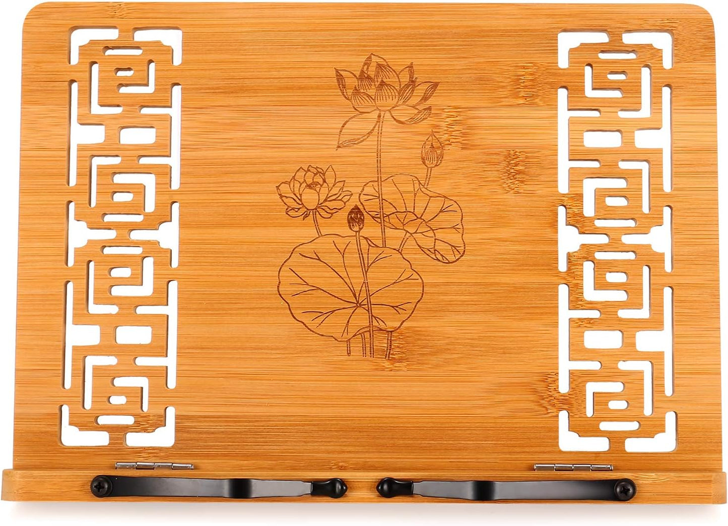 MEGREZ 독서용 책 스탠드 (33.5 x 23.9cm(13.25 x 9.4인치)) 주방용 대나무 요리책 스탠드 홀더, 태블릿/교과서 홀더/할로우 북레스트 스탠드, 연꽃 및 연꽃 잎용 조절 가능한 책 홀더 스탠드