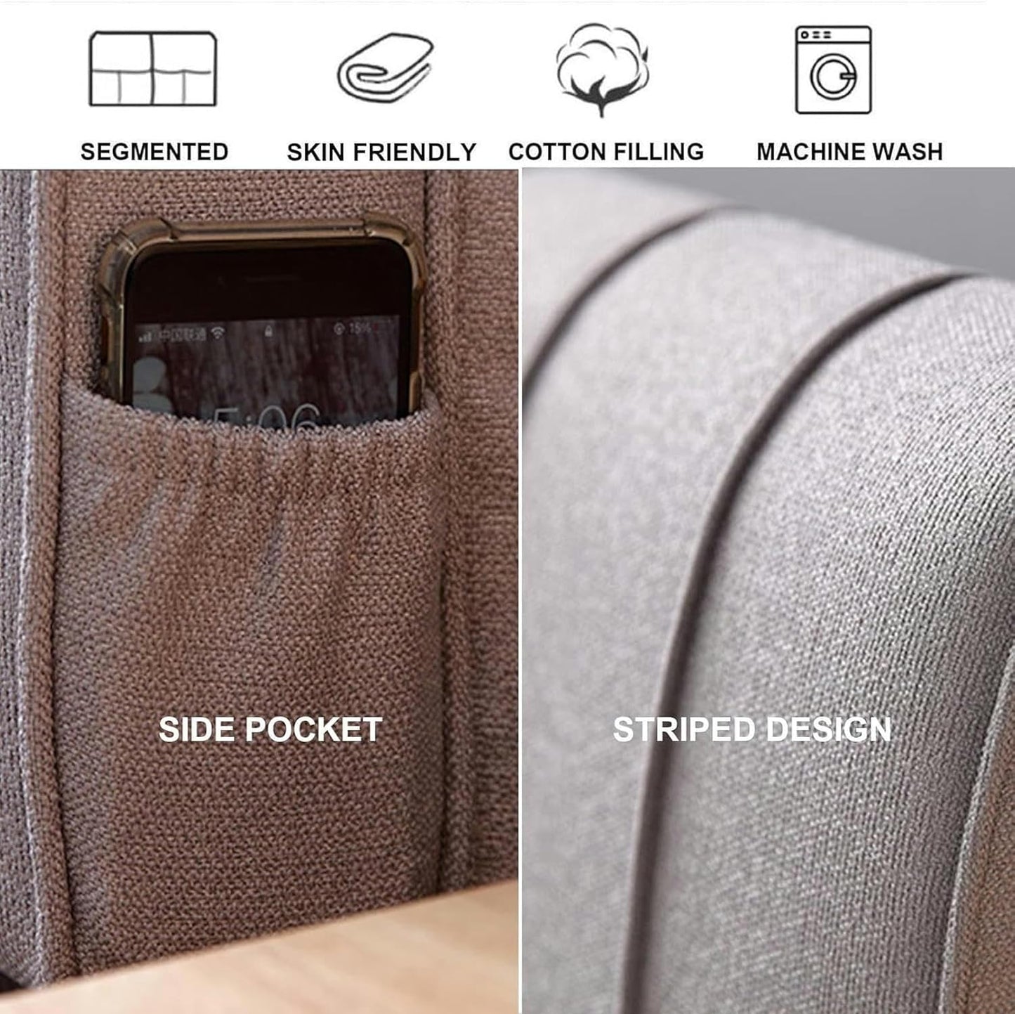 King Size Bed Backrest Wedge Headboard Cushion Cotton Linen Reading Pillow Lumbar Back Support for Sitting Up in Bed Day Bed Bunkbed Bench Bolster,C,with headboard King