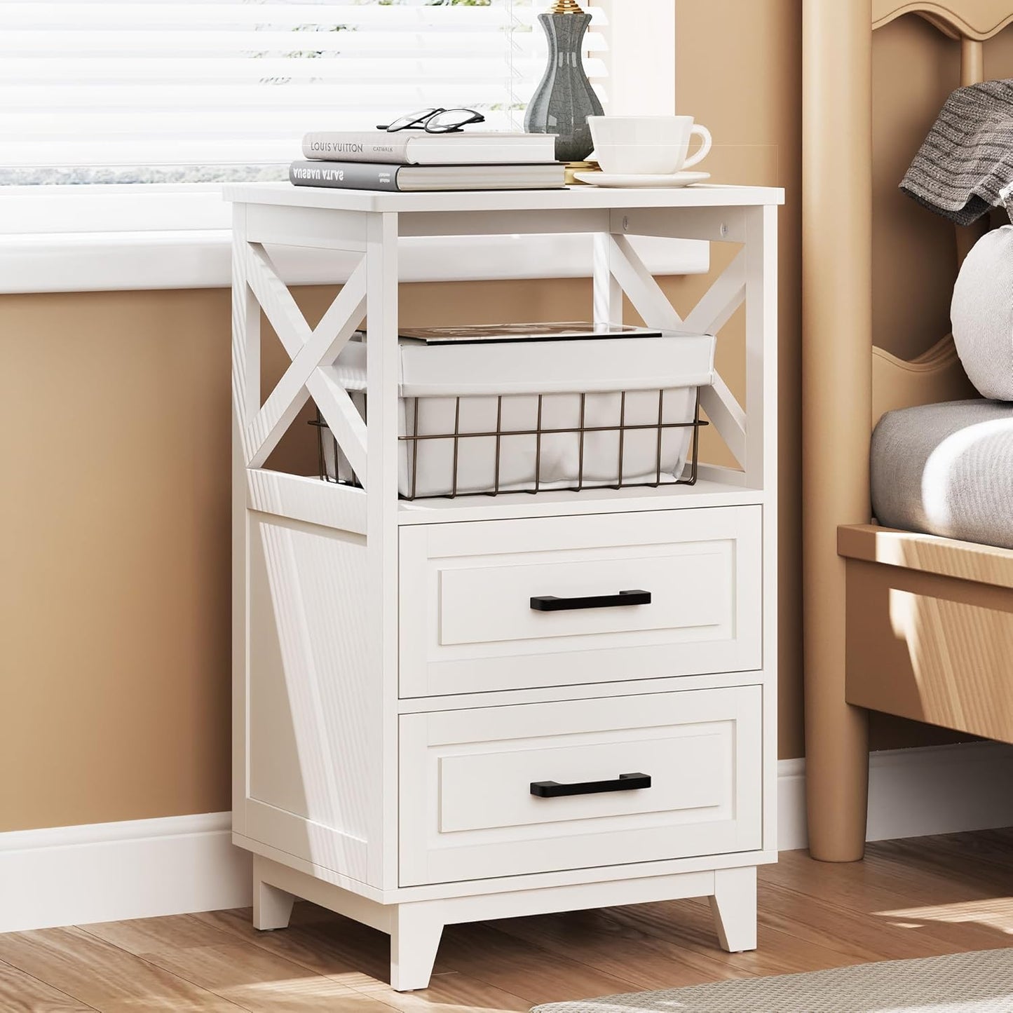 White Nightstand, Tall Bedside Table, Farmhouse Side Table with Storage Drawers and Open Shelf, Wooden Rustic End Table Cabinet for Bedroom, Home Office, White