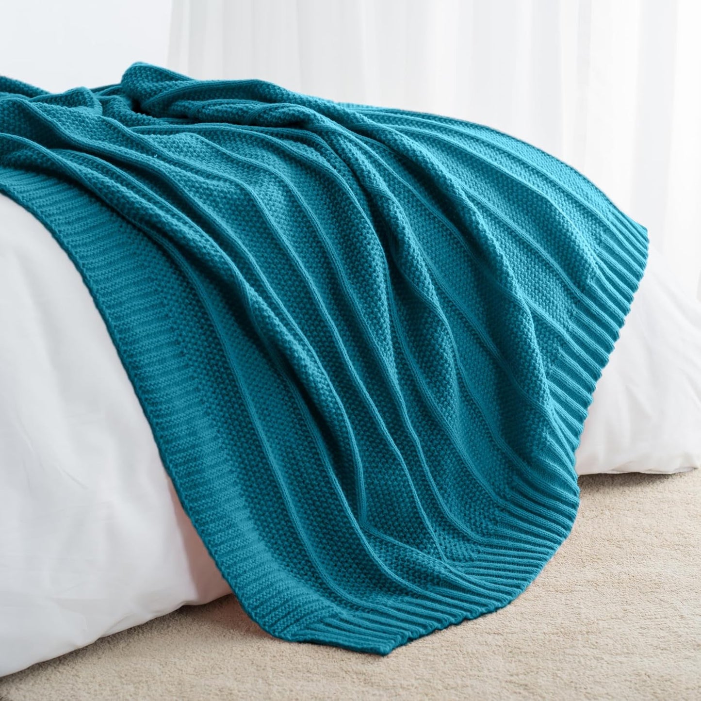 Carriediosa Knit Throw Blanket for Couch 50" X 60", Soft Cozy Stripe Pattern Cable Knitted Throws Fall Fluffy Textured Solid Home Decor Blankets Couch Cover for Bed Sofa, Teal