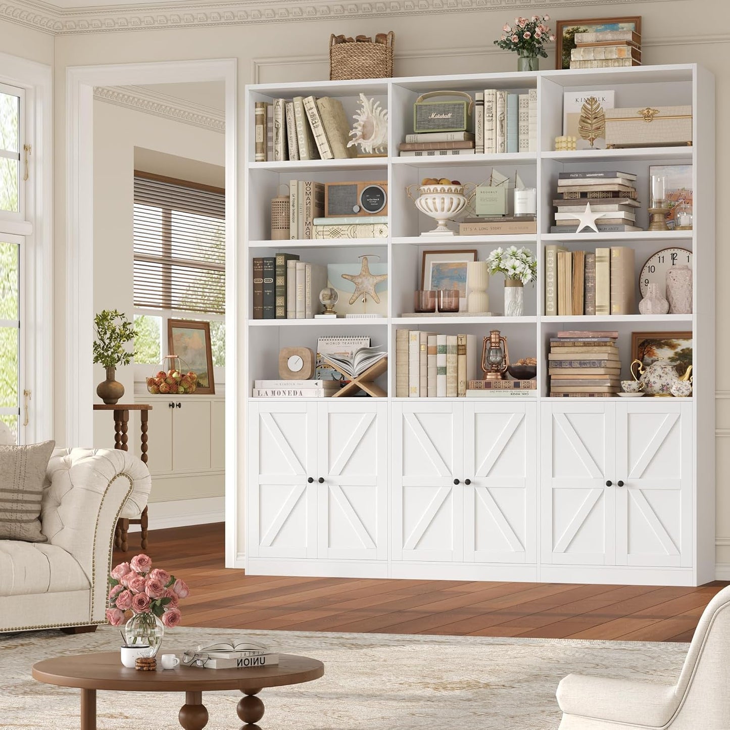 FACBOTALL 75" Triple Wide Bookshelf, White Bookshelf and Bookcase with 6 Farmhouse Doors, 71" Wide 6 Tier Book Shelf with 18 Storage Shelves, Large Wooden Bookshelves, Tall Bookcase for Office, White