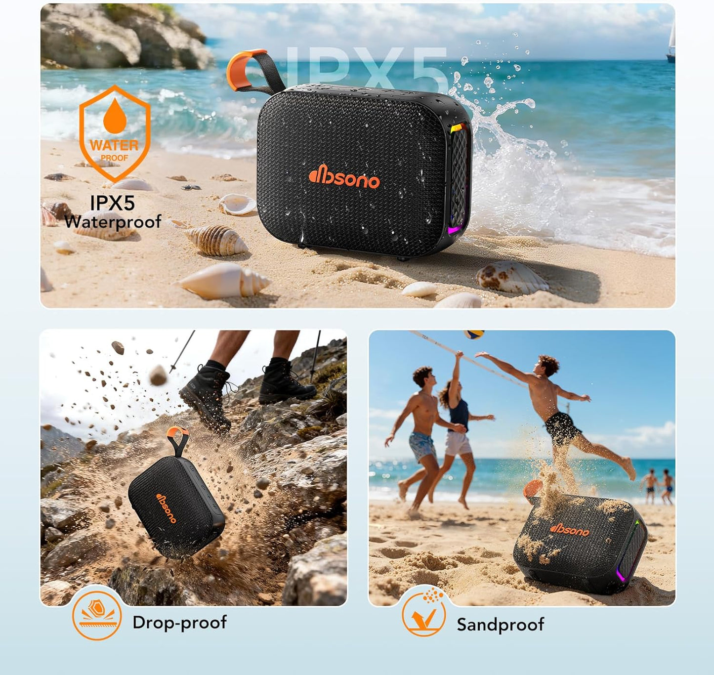 Portable Bluetooth Speaker Waterproof Gift: IPX5 HD Sound Up to 24H Playtime, TWS Pairing, Wireless Speakers with Lights, Travel Beach Essentials Birthday Gifts for Men Women Boys Girls-Black