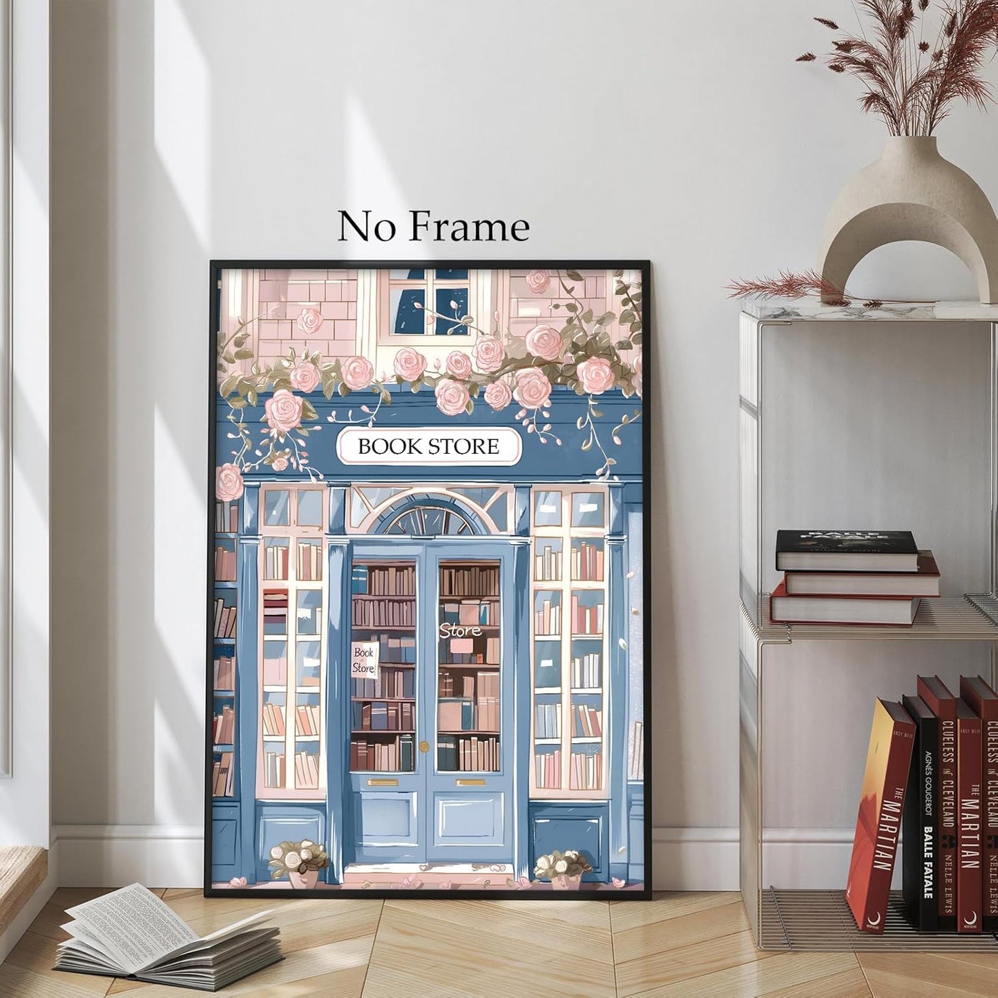 Book Store Poster Library Canvas Wall Art Pink Rose Painting Book Lover Pictures Pink and Blue Artwork Aesthetic Reading Wall Art Bookish Canvas for Room Romantic Library Artwork 16x24inch No Frame