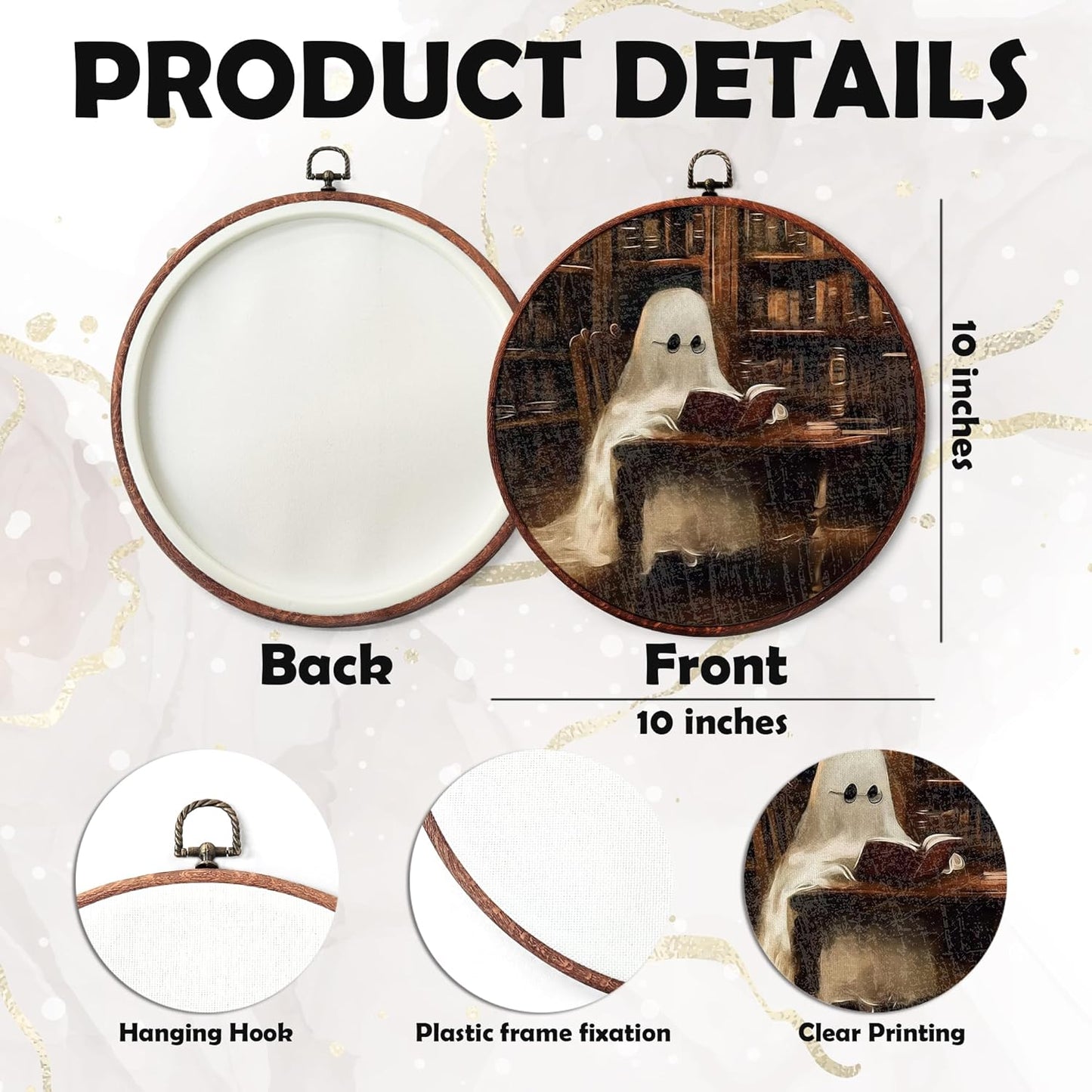 Rustic Round Canvas Art Decor - 10"x10" Ghosts Read Book Canvas Prints Frame - Halloween Vintage Hanging Wall Art Decor for Home Office Living Room - Aesthetics Gift for Women Men Friends - A08