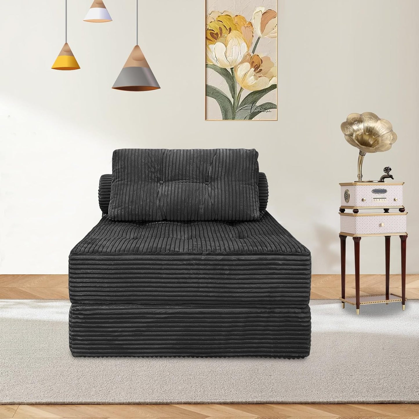 Folding Sofa Bed, Convertible Couch Chair with Pillow, Boneless Velvet Foldable Sleeper Sofa with Back Support, Portable Fold Out Lounger for Living Room, Apartment & Dorm, Dark Grey Corduroy | Lumbar Pillow