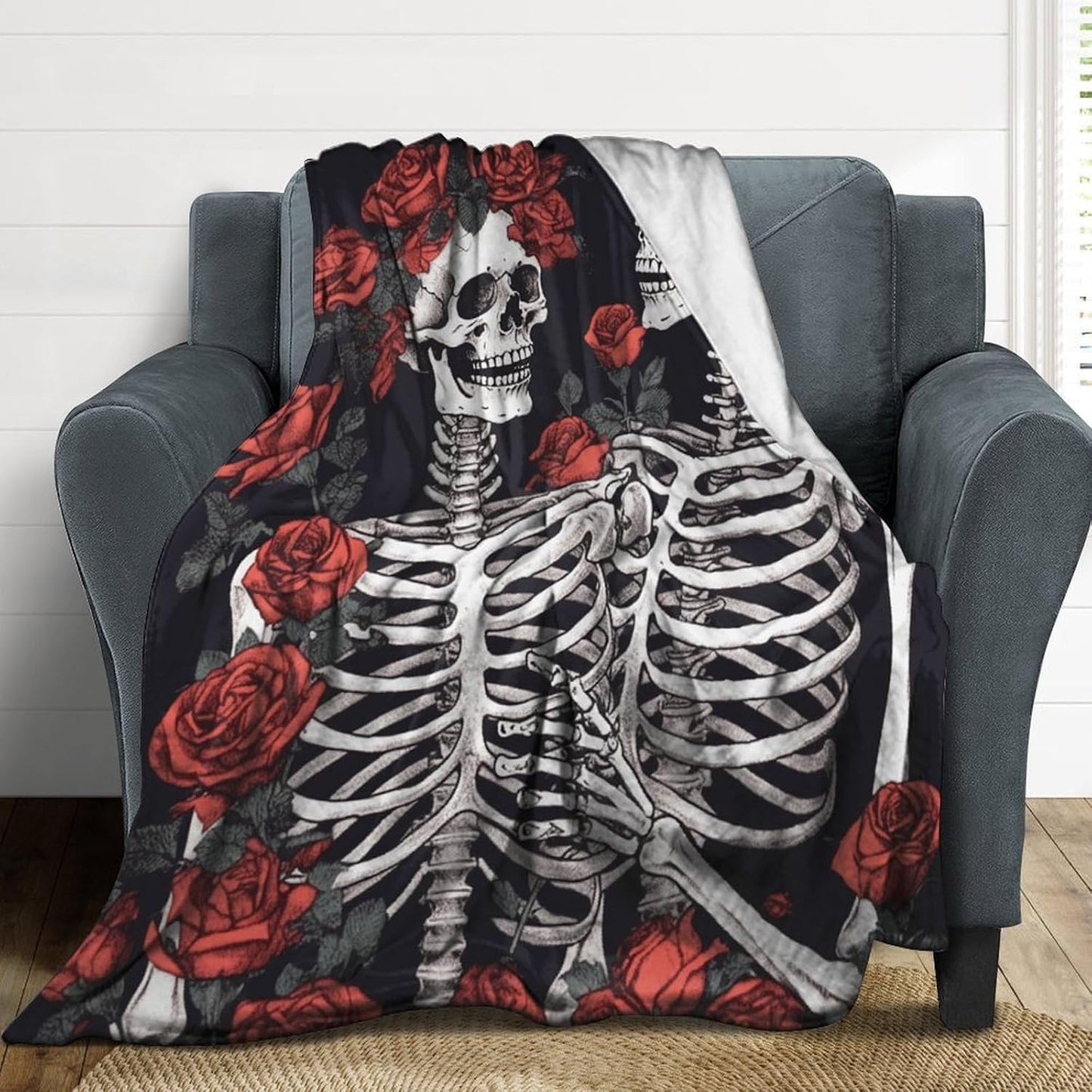 Rose and Skeleton Blanket Super Soft Lightweight Throw Blanket Cute Cozy Warm Bed Blanket Decorative Fuzzy Blanket All-Season Home Decor Gift for Sofa Couch Living Room 40"*50" （100 * 130cm）