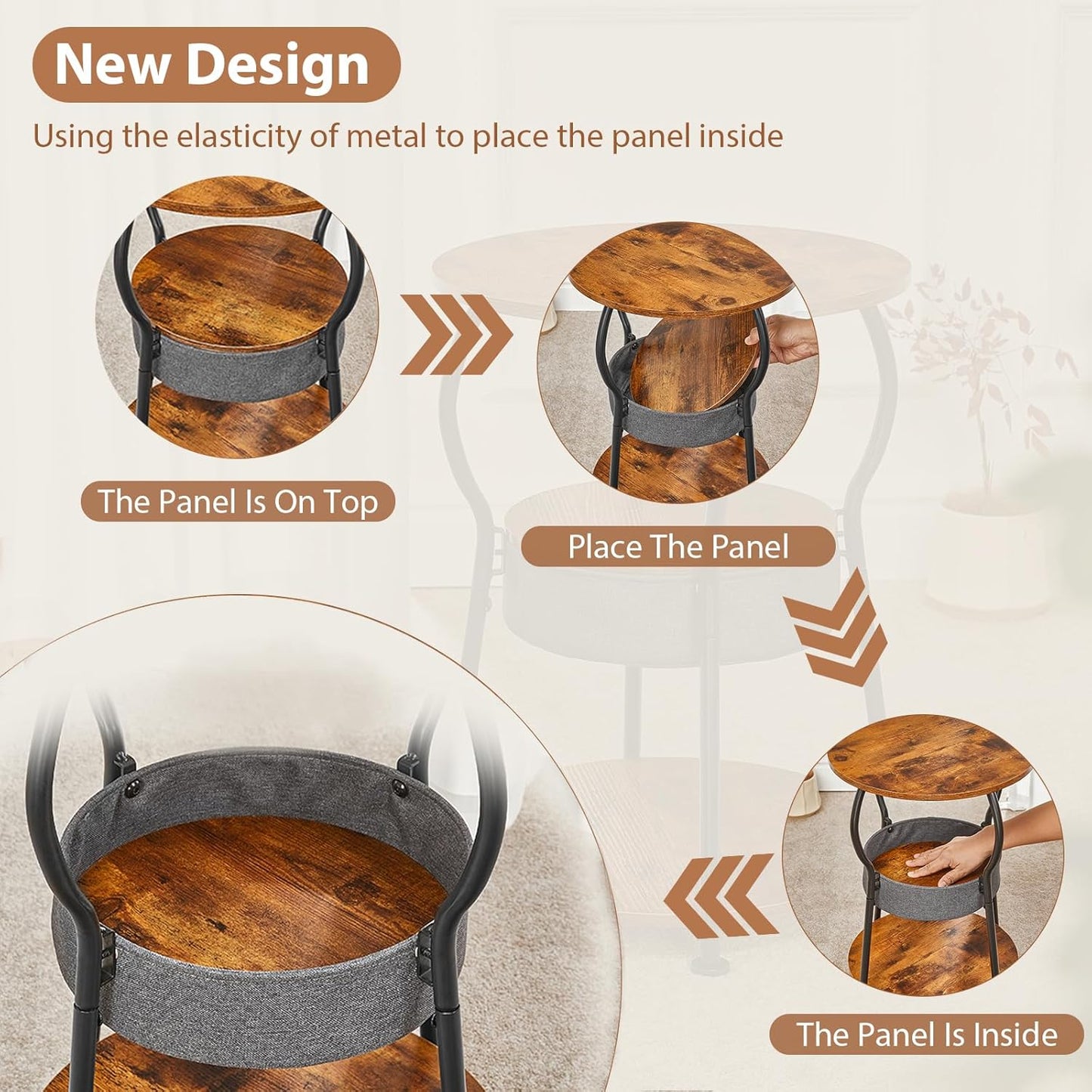 Small Round Side Table with Storage Bag, 3-Tier Accent Round End Table with Storage Shelves for Living Room, 21.6" H Vintage Small Corner Table for Smalls Spaces (D - 15.8 in Rustic Brown)