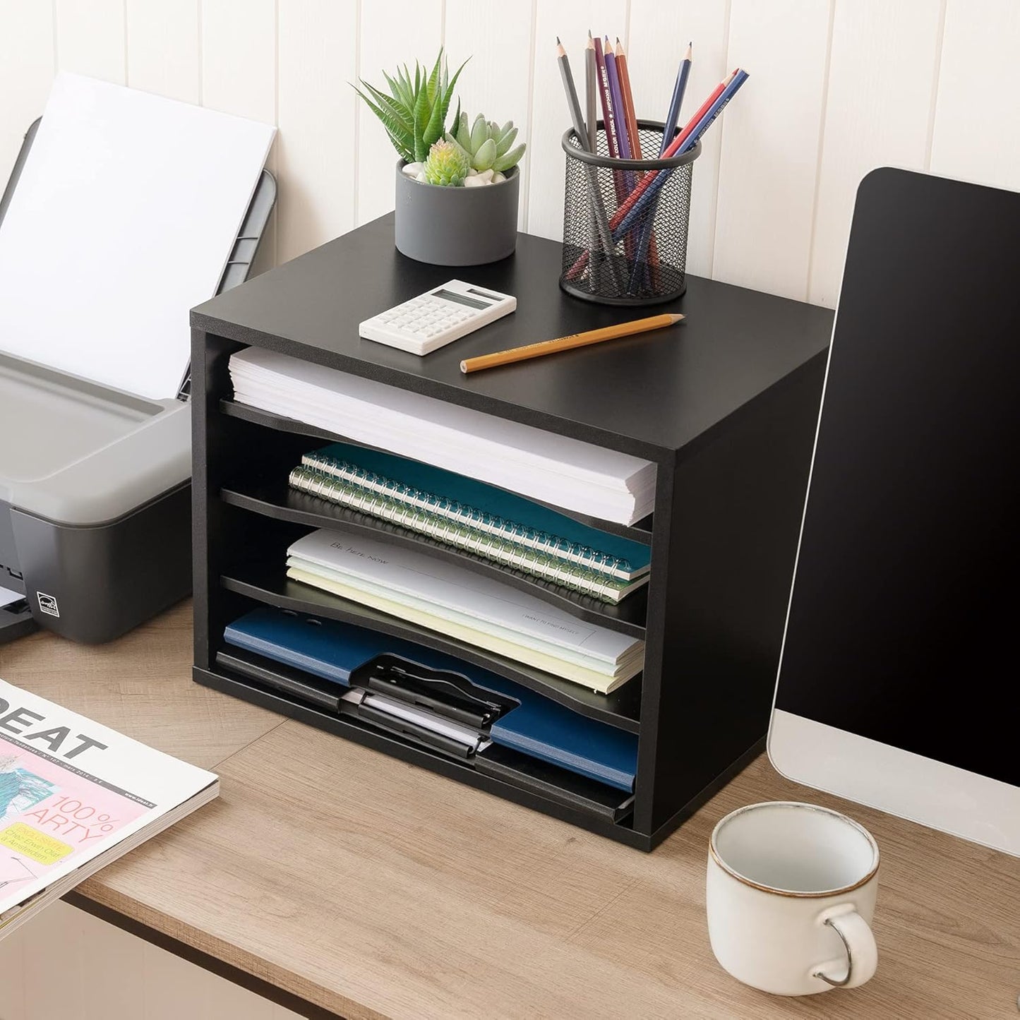 FITUEYES Wood Desk Paper Organizer with 4 Tiers Storage, Desktop File Holder, Document Letter Sorter Tray with Adjustable Shelves, Home Office Wooden Mail Rack, Black