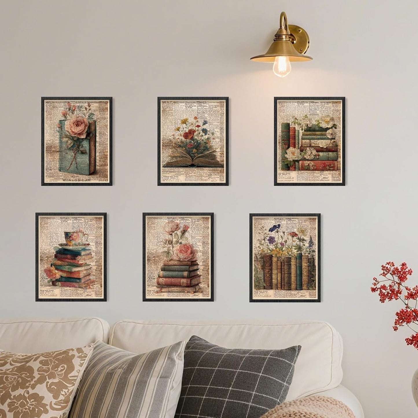 INFUNLY 6 Set Vintage Book Flower Wall Art Print 8x10Inch Retro Floral Poster Pictures Text Background Canvas Wall Art Unframed Academia Aesthetic Pictures Prints for Bedroom Office Study Room Decor