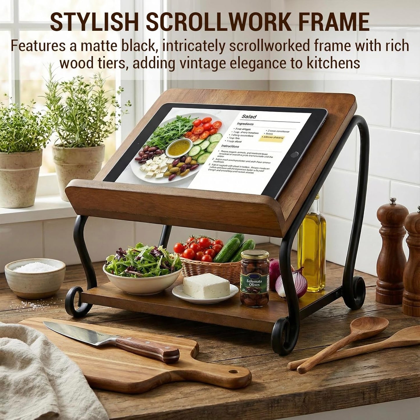MyGift 2-Tier Deluxe Solid Wood and Matte Black Scrollwork Metal Cookbook Holder Stand with Bottom Storage Shelf – Rustic Recipe Book Display Rack for Kitchen Countertop
