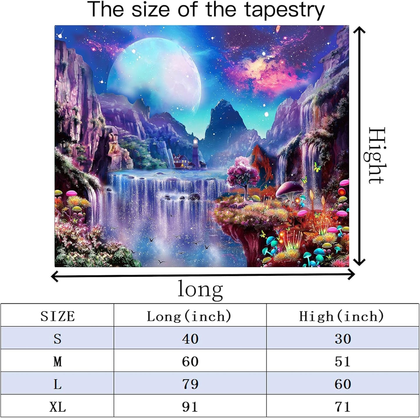 Avinyl Blacklight Space Tapestry for Bedroom, Black Light Moon and Mushroom Large Tapestries 60" x 79", Glow In The Dark Fantasy Waterfall Landscape Wall Hanging for Living Room Dorm Decor