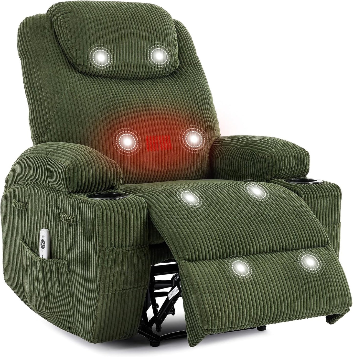 Green Corduroy Power Recliner Chair with Heat Massage 8-Point Vibration Dual Cup Holders Side Pocket Metal Frame Electric Chairs for Living Room Bedroom Home Theater