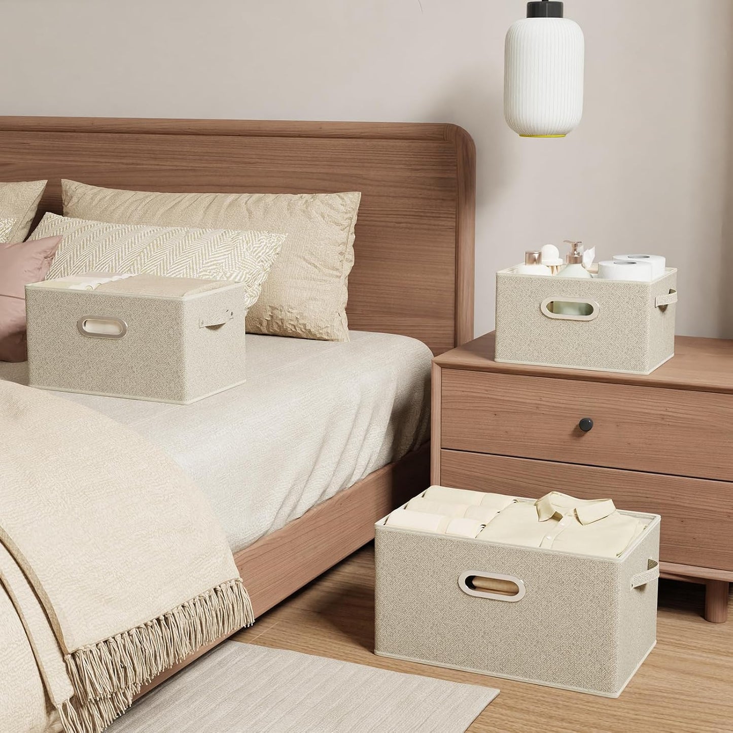 Open Storage Baskets, Collapsible Cube Bins, Fabric Container Organizer with Metal Handles, Boxes for Shelves, Closet, Living Room, 15x9.8x9.8in, Grey and Beige, 2 Pack