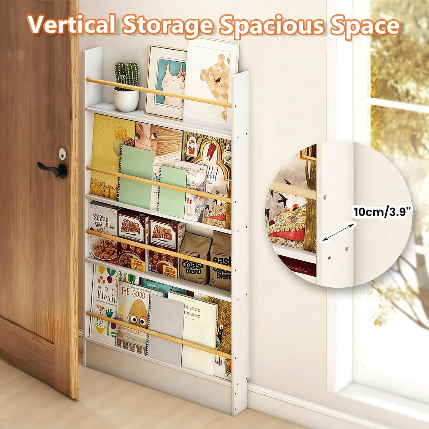 Wall Bookshelf for Kids, Behind The Door Bookshelf White Slim 4 Tier Shelf Hanging Wall Mounted Book Shelf, Kids Bookcase Storage Organizer for Office, Bedroom, Study Living Room