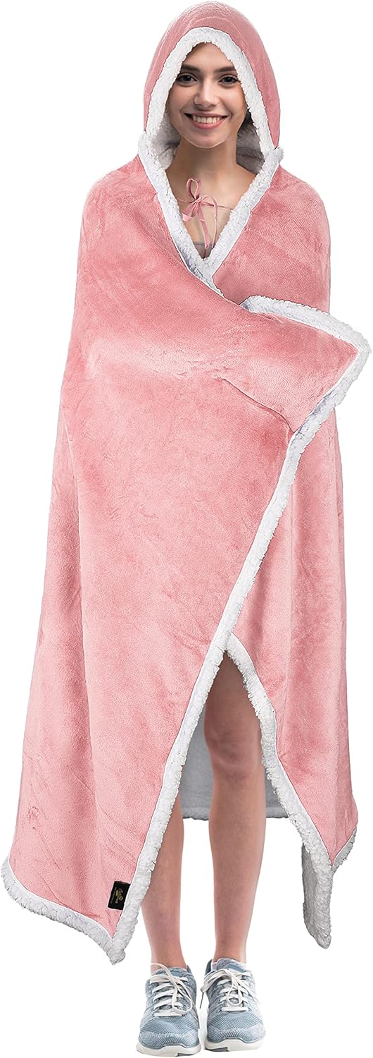 Tirrinia Hooded Blanket Wearable Cuddle Throw Warm Cozy Sherpa Lining 47’x73’/ Sherpa Throw Blanket/Solid Flannel