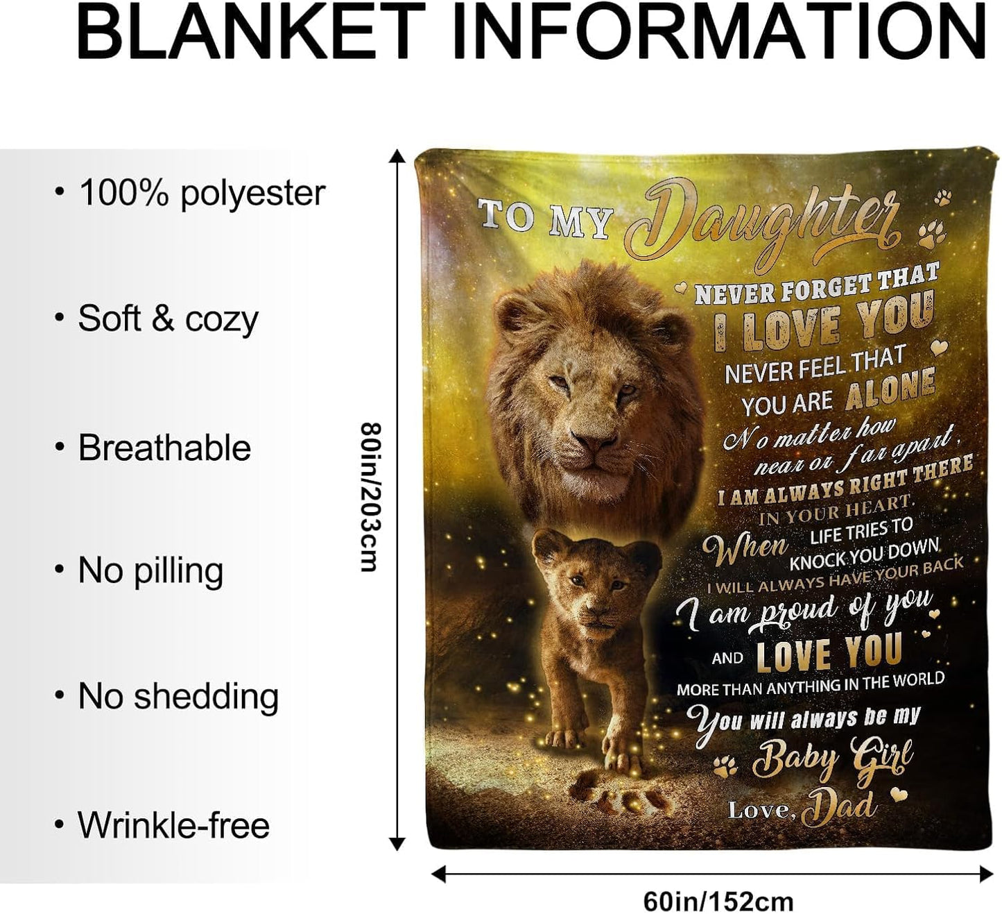 Daughter Gift from Dad, to My Daughter from Dad Blanket, Daughters Gift from Dads, Birthday Gifts for Daughters - Soft Flannel Lion Throw Blanket 60" x 80"