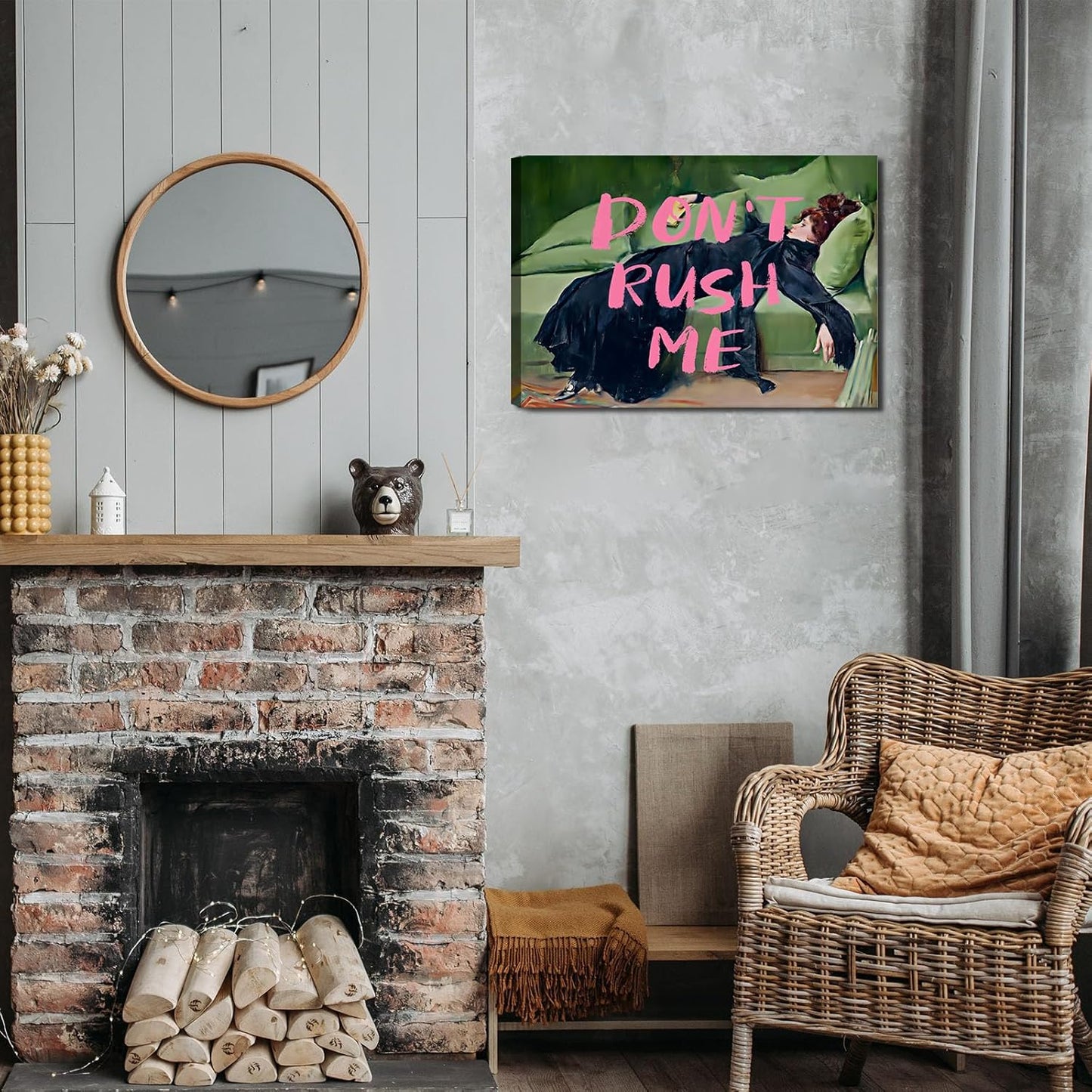 Maximalist Wall Art Decor Trendy Aesthetic Wall Decor Eclectic Girly Wall Art Don't Rush Me Altered Canvas Wall Art Vintage Pink Graffiti Poster for Living Room Bathroom Bedroom 16x12in Framed