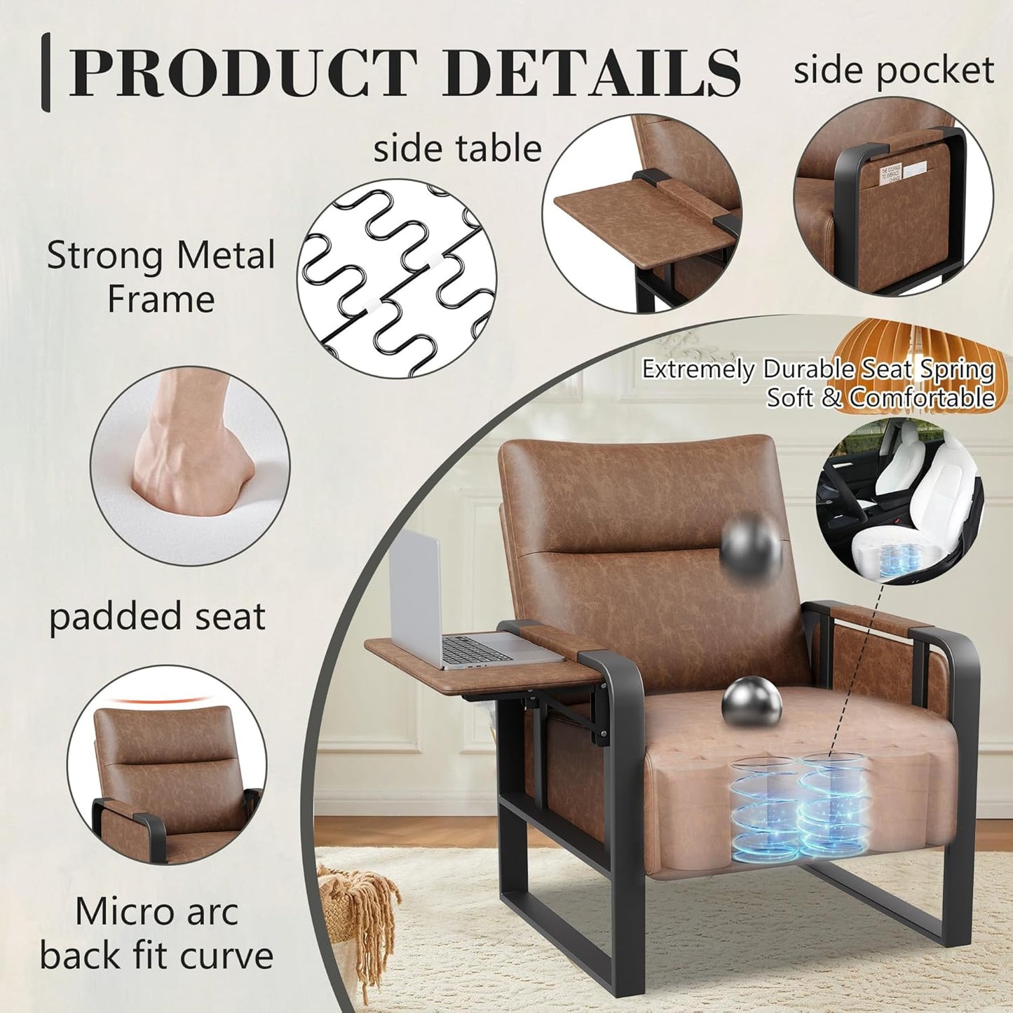 Upholstered Living Room Chair Armchair, Mid Century Faux Leather Metal Accent Chair, Reception Couch Office Guest Chair Slipper Club Lounge Single Sofa with Sidetable for Bedroom-Brown