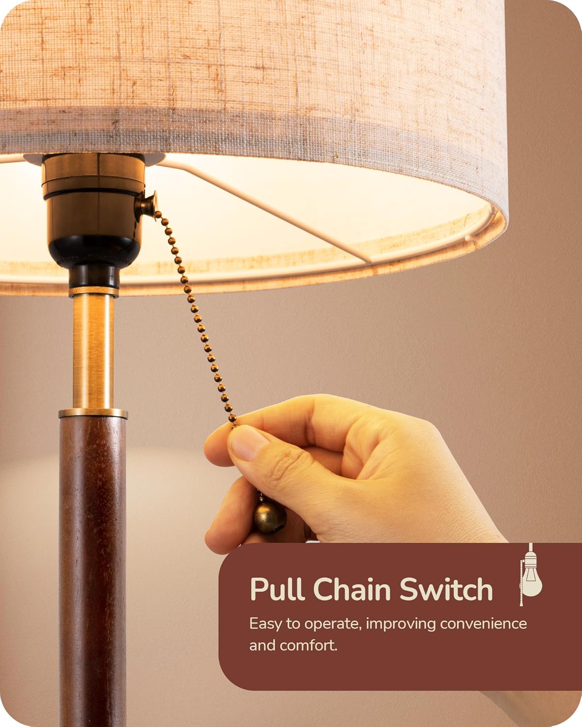 EDISHINE Mid Century Table Lamp, Bedside Lamp with Pull Chain Switch, Solid Wood & Metal Pole, Modern Nightstand Table Lamp for Living Room, Bedroom, Office, Frosted Bronze & Wood Finish