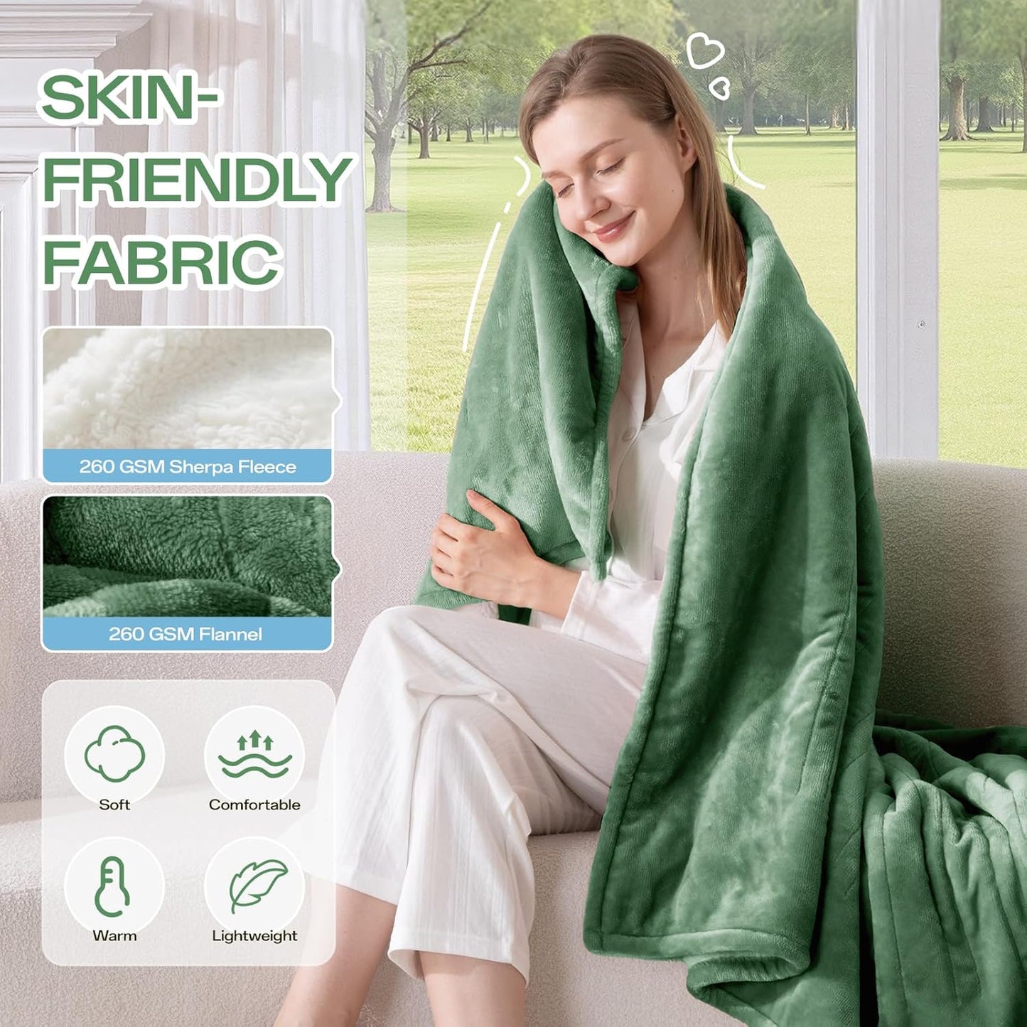 Electric Heated Blanket King Size, Dual Control Fast Heating Sherpa Blanket, 8 Heating Levels & 10 Hours Auto Off, Machine Washable with ETL & FCC Certified, Green