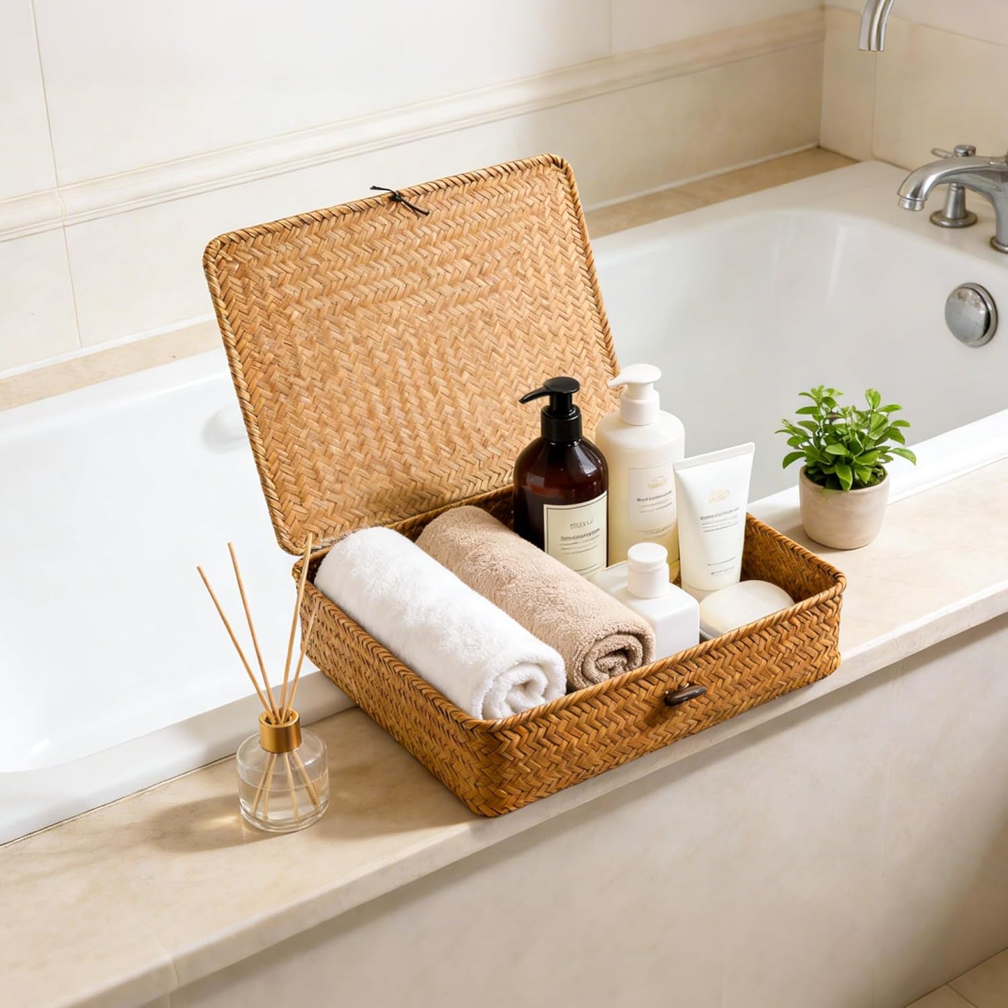 2 Pack 2 Size Seagrass Storage Bins with Lid,Boho Wicker Woven Organizer set, Decortive Rattan Basket Storage for Makeup Books Shelves Closet