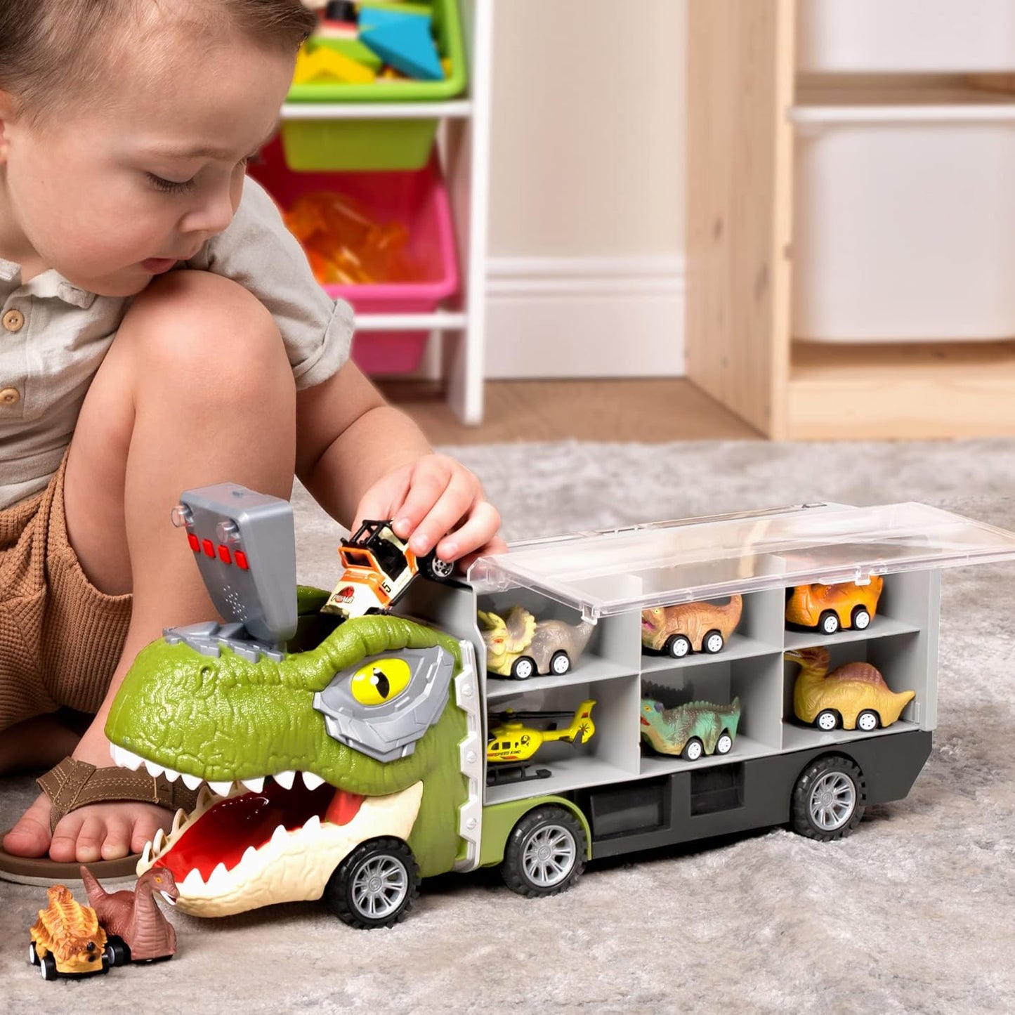 JOYIN 13 in 1 Dinosaur Toys for Kids 3-5, Dinosaur Truck with 12 Pull Back Cars, Birthday Gifts Toys for 3 4 5+ Year Old Boy, Transport Carrier Truck for Toddlers, Easter Kids Gifts