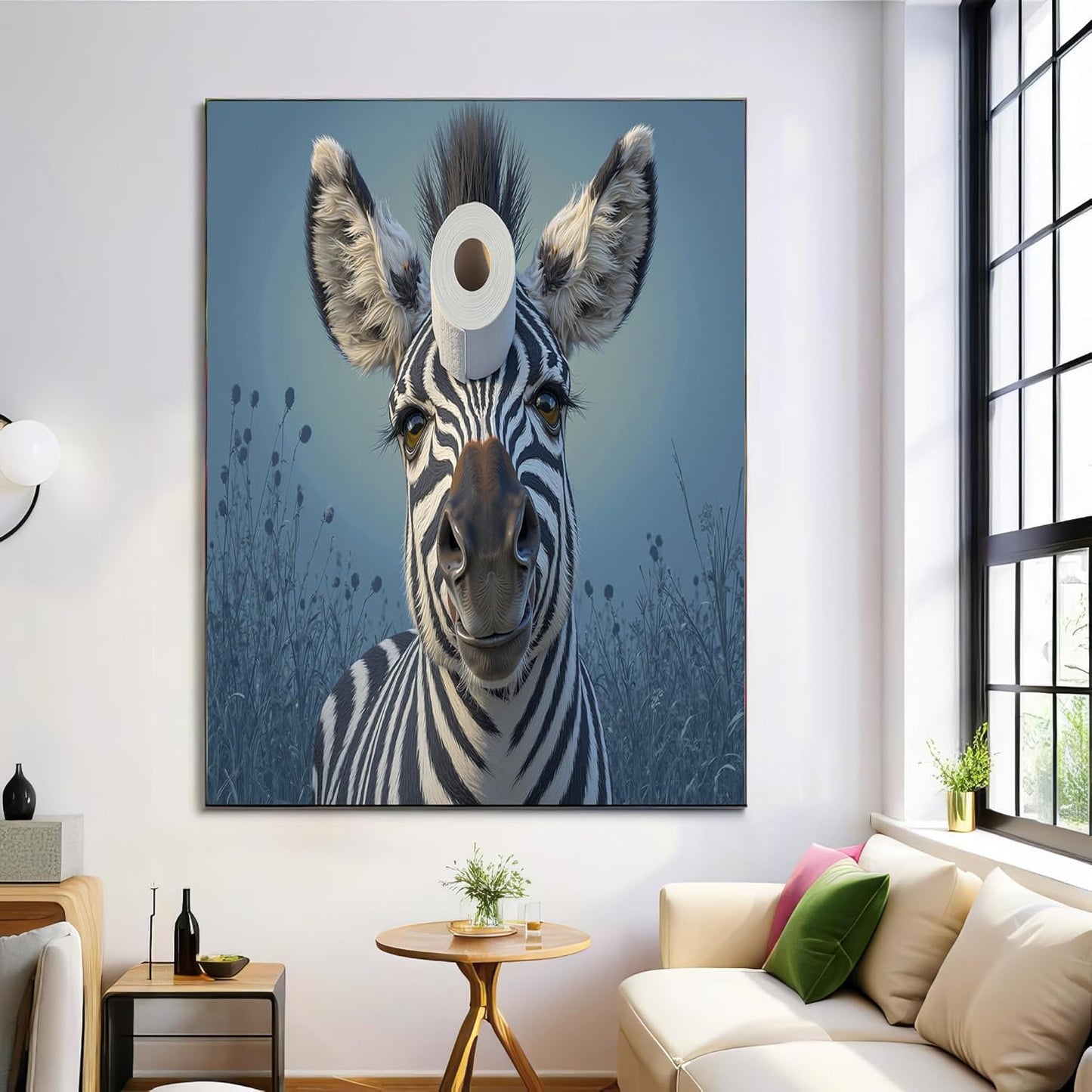 GDJSMIN Cute Animal Oil Painting Wall Art, Zebra With Toilet Paper Roll On Head Poster for Reading Room Living Room Decor 24 x 36 inch Unframed