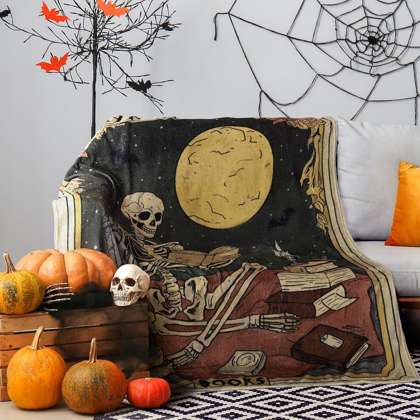 Book Lovers Gifts Throw Blanket 60 x 50 Inch Reader Blankets Book Club Horror Gifts Basket Stuffers for Women Bookworm Bookish Librarian Reading Basket(Skeleton)
